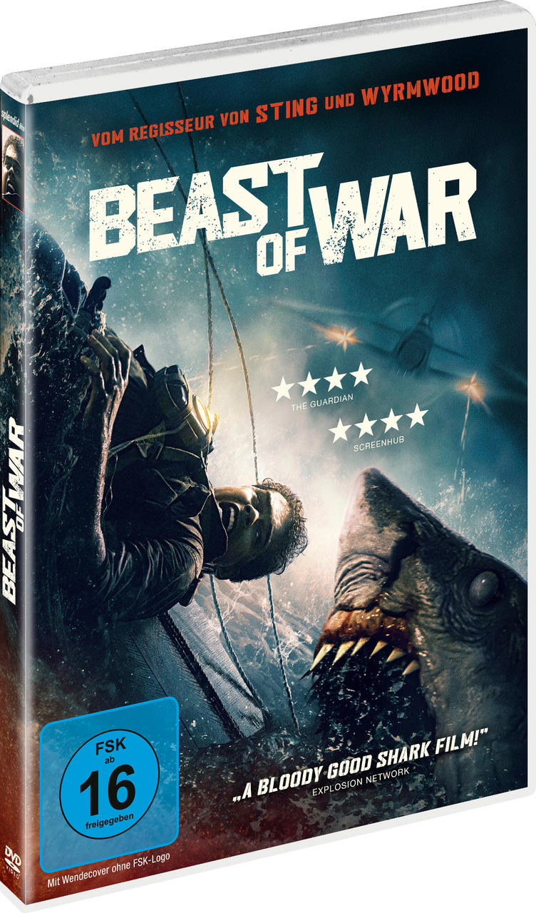 DVD-Cover für 'Beast of War'. Ein Mann hängt, während ein Hai angreift. Der Titel steht in großen weißen Buchstaben. Blau und dunkle Farben.