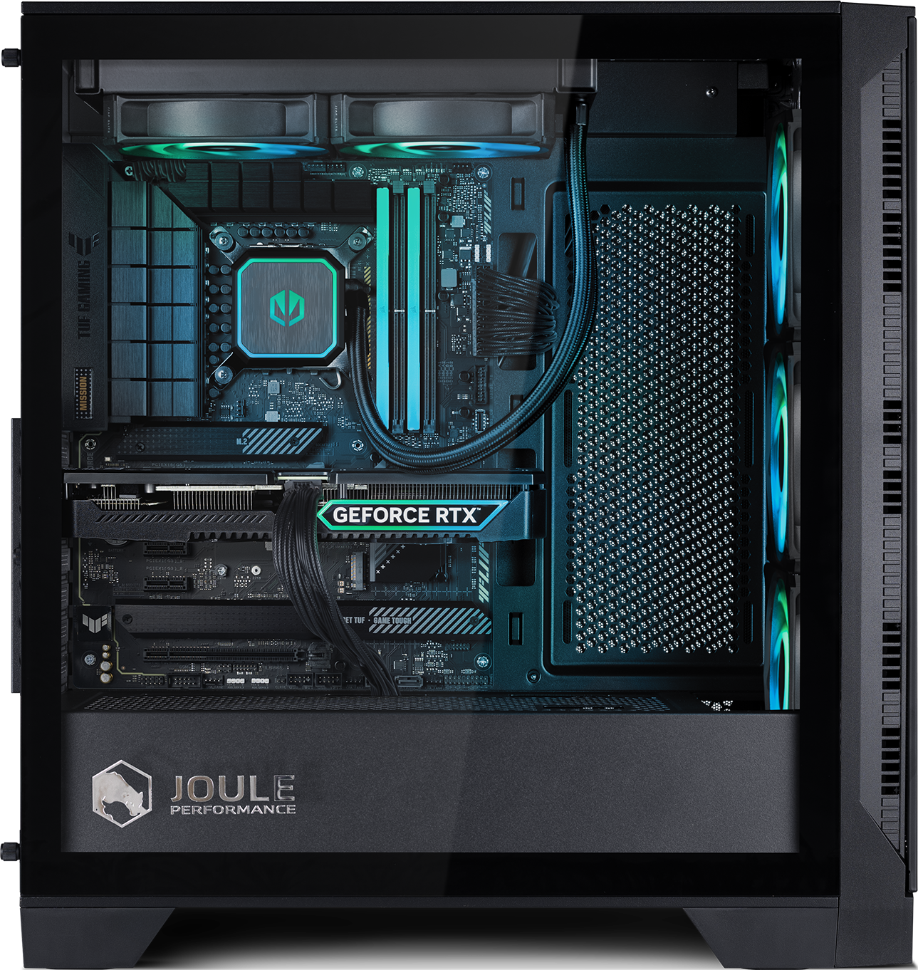 All'interno di un case per computer, sono visibili una scheda grafica e una scheda madre, con ventole di raffreddamento e un logo 'GEFORCE RTX'.