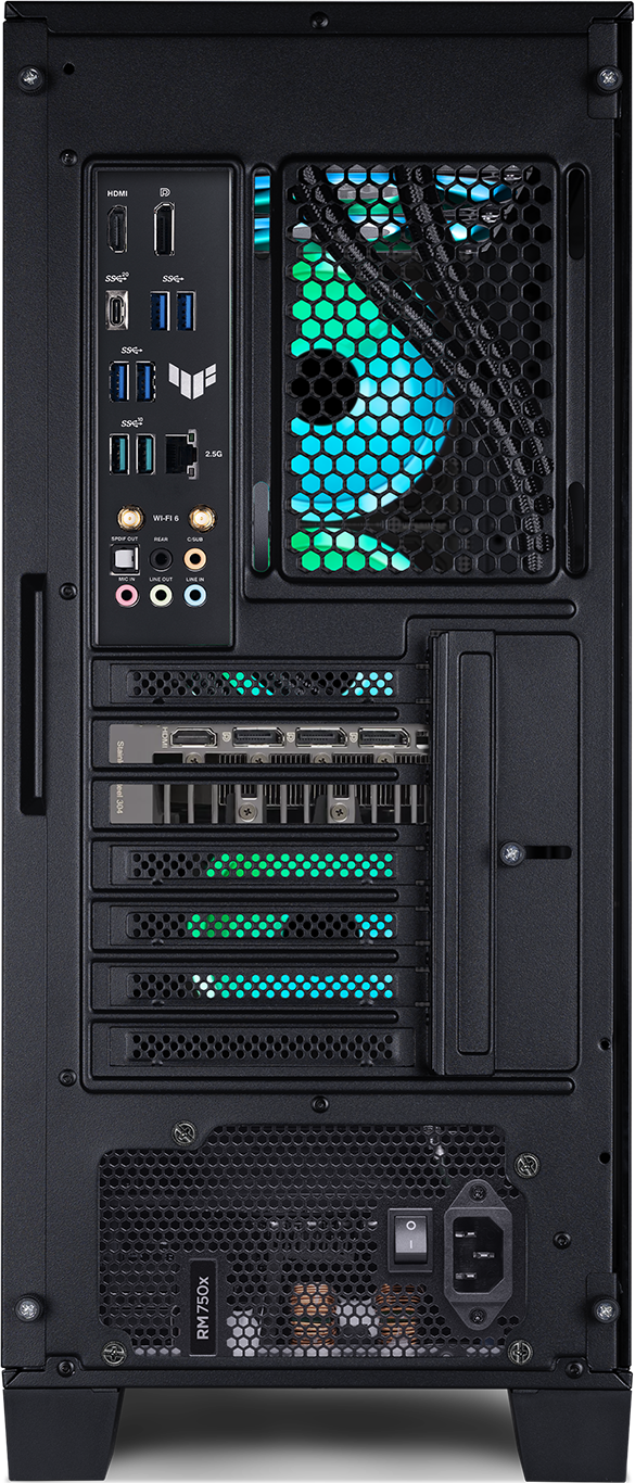 Il retro di un case per computer nero con porte, prese d'aria e alimentatore. Sono visibili luci verdi e blu.