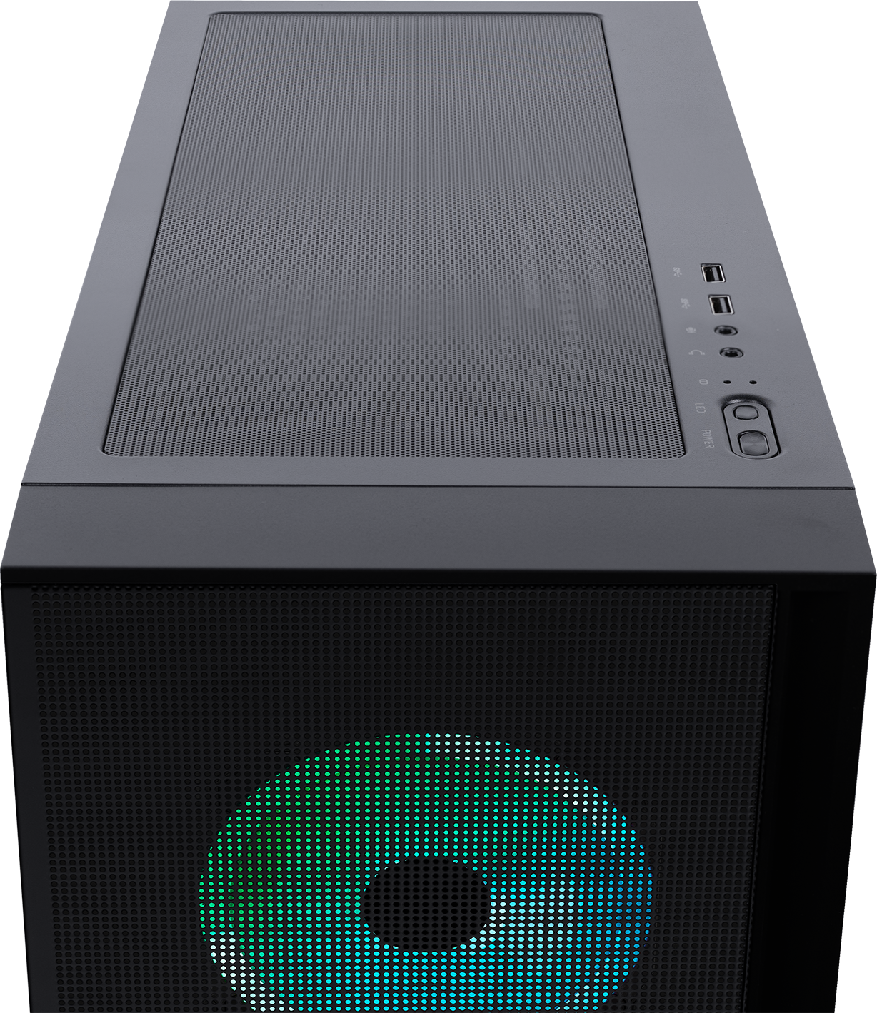 Un case per computer nero con una parte anteriore a rete con un design LED RGB circolare. La parte superiore ha una rete, un pulsante di accensione e porte USB.