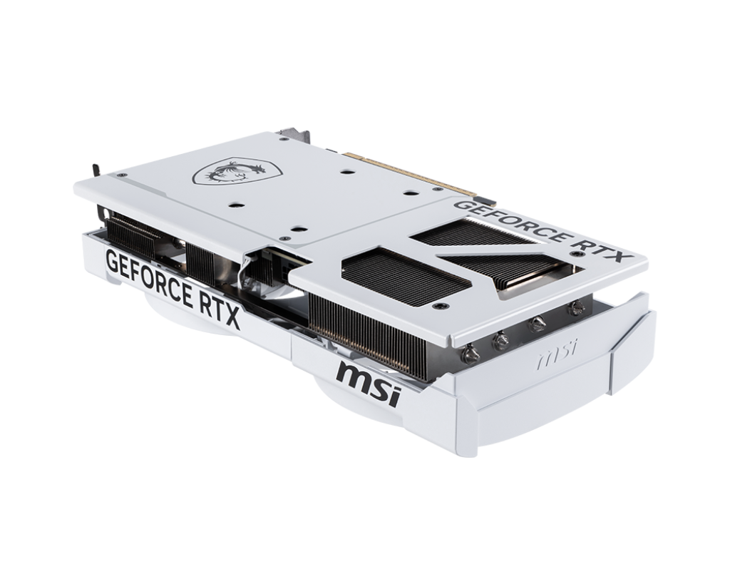 Beyaz ve siyah MSI GeForce RTX grafik kartı. Üzerinde bir ejderha logosu ve GeForce RTX yazısı var.