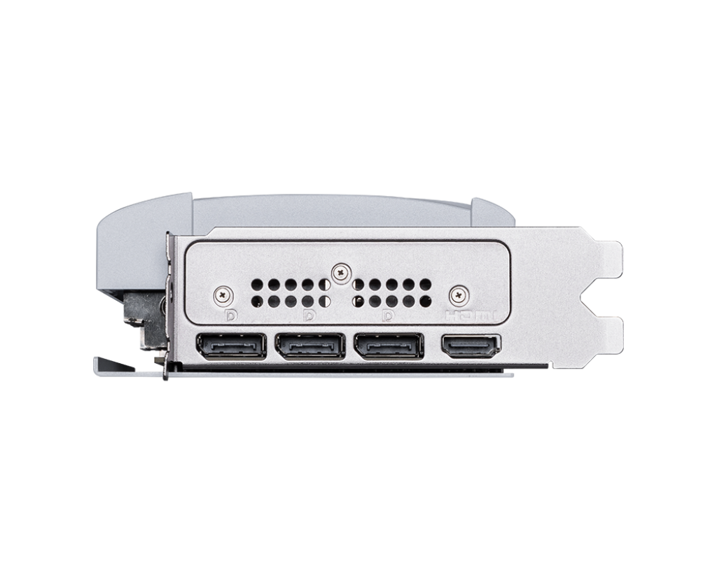 HDMI ve DisplayPort dahil olmak üzere çoklu bağlantı noktalarına sahip gümüş bir grafik kartı, siyah zemin üzerinde.