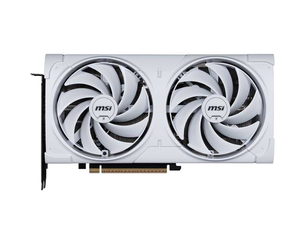 İki fanlı beyaz MSI grafik kartı. Her fanın ortasında bir logo var. Arka plan düz siyah.