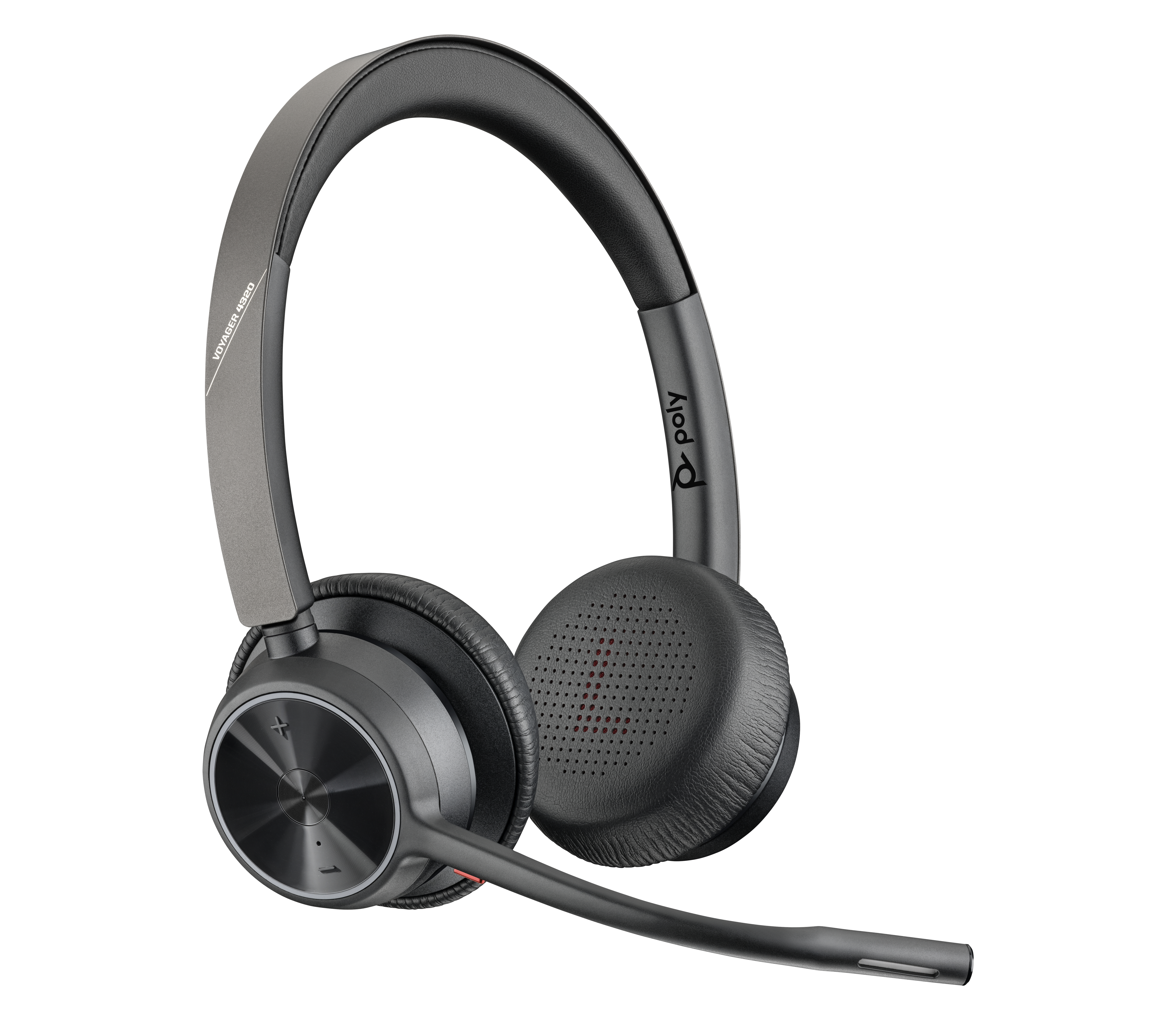 Graues Poly Voyager 4320 Headset mit Bügelmikrofon. Die Ohrmuscheln sind schwarz. Das Headset ist auf weißem Hintergrund.