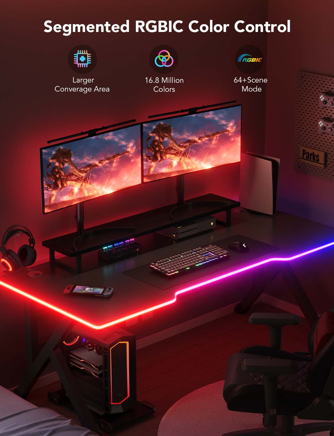 Játékbeállítás két monitorral, RGB-világítással, billentyűzettel, egérrel, fejhallgatóval és egy játék-PC-vel. Az asztal fekete, piros és lila fénnyel.
