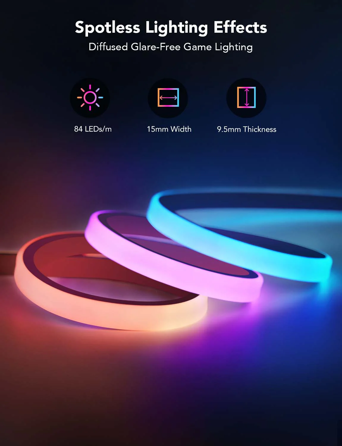Három világító gyűrű, piros, rózsaszín és kék, szöveggel a fényhatásokról és a specifikációkról: 84 LED/m, 15 mm szélesség, 9,5 mm vastagság.