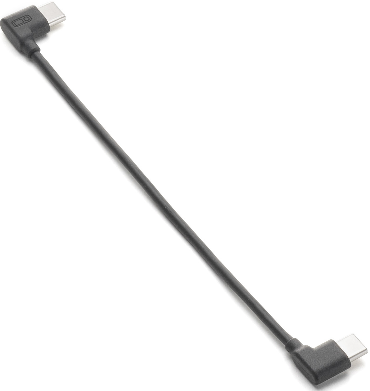 Un cavo USB-C nero con due connettori angolati su sfondo bianco. Il cavo è dritto con un logo.