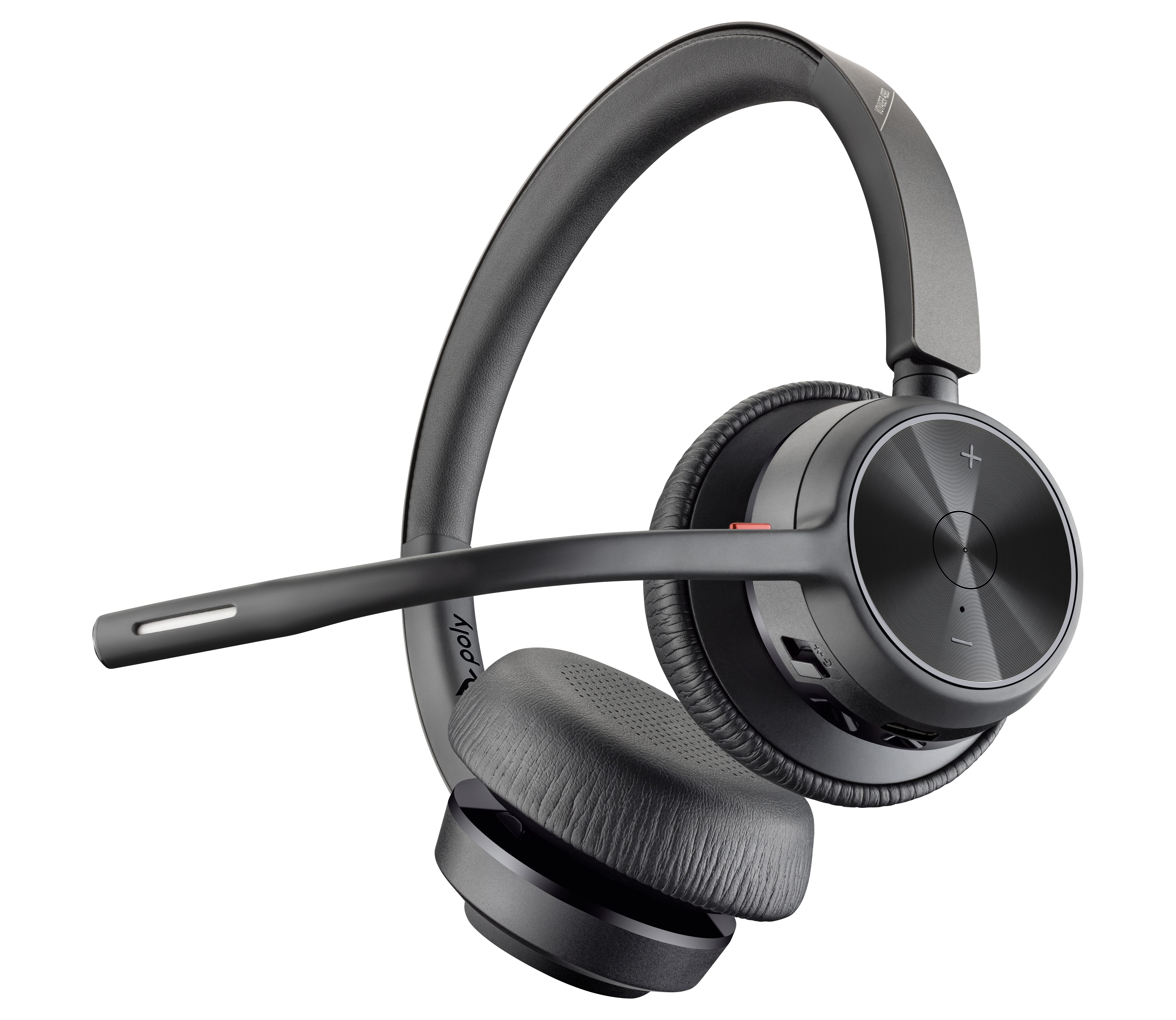 Ein schwarzes drahtloses Headset mit Mikrofon. Das Headset befindet sich auf weißem Hintergrund. Der Markenname ist Poly.