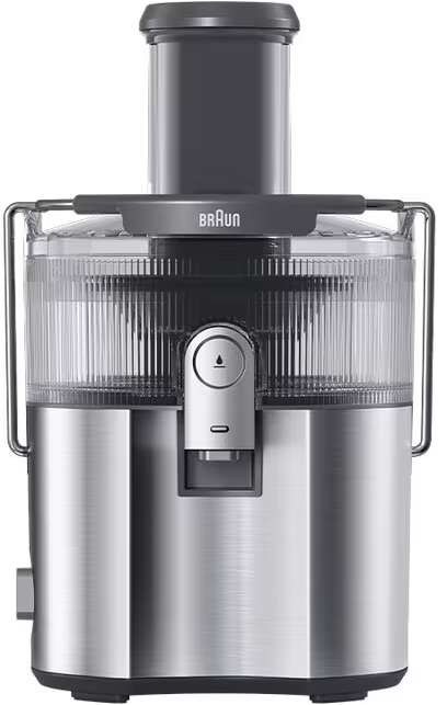 Un estrattore Braun argentato e grigio. Ha un contenitore trasparente e un beccuccio. Il marchio è visibile.
