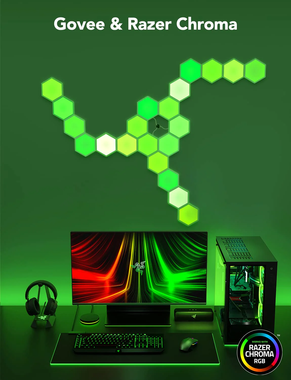 Zöld játékbeállítás monitorral, PC-vel, billentyűzettel, egérrel, fejhallgatóval és hatszögletű lámpákkal. Razer Chroma RGB logó látható.