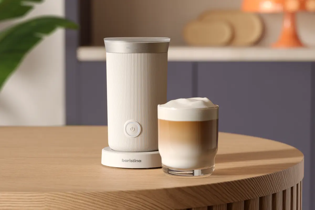 Un montalatte e un latte su un tavolo di legno. Il montalatte è bianco, a coste, accanto a un bicchiere di latte con schiuma.