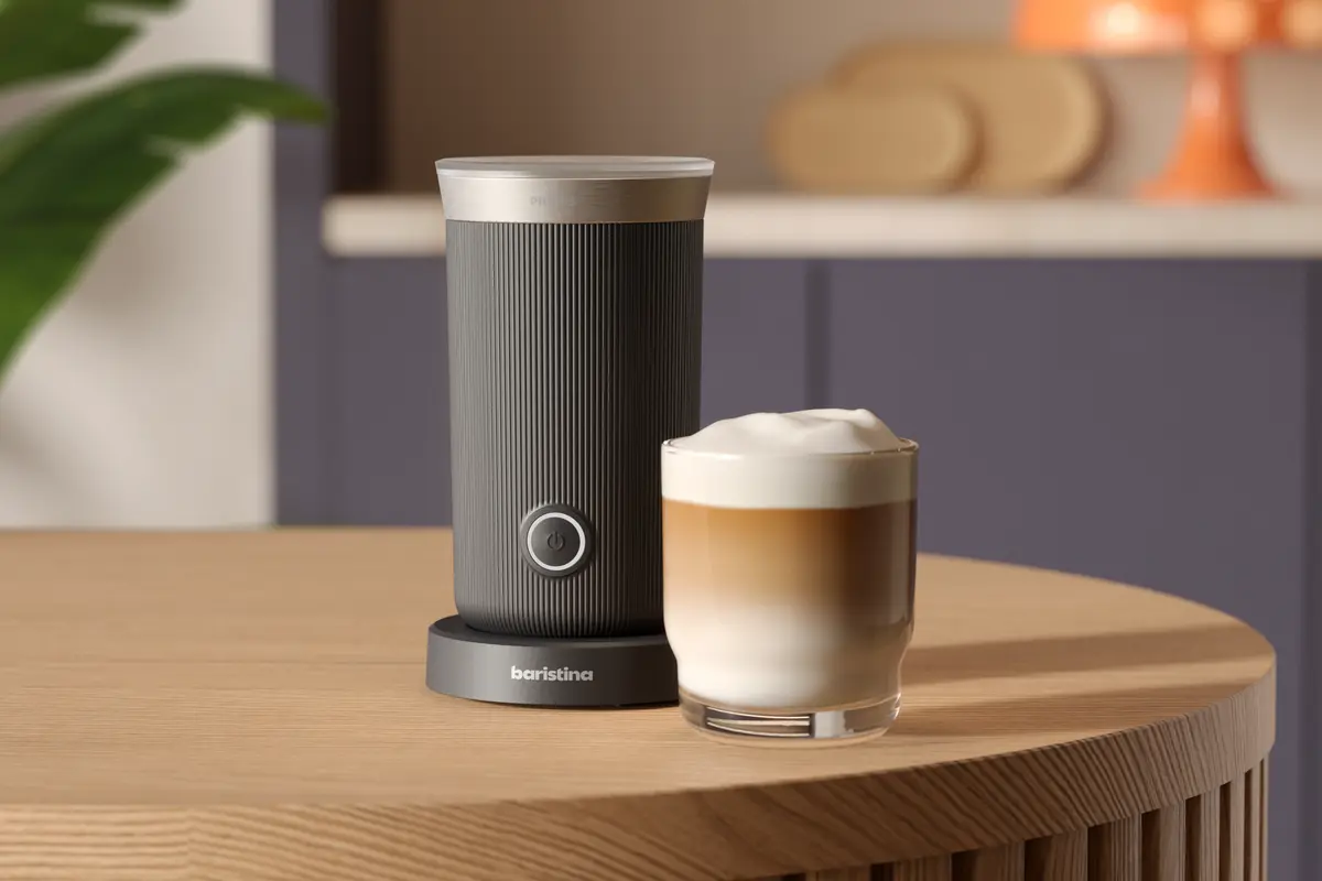 Un montalatte e un latte sono su un tavolo di legno. Il montalatte è grigio scuro. Il latte ha strati di latte e schiuma.