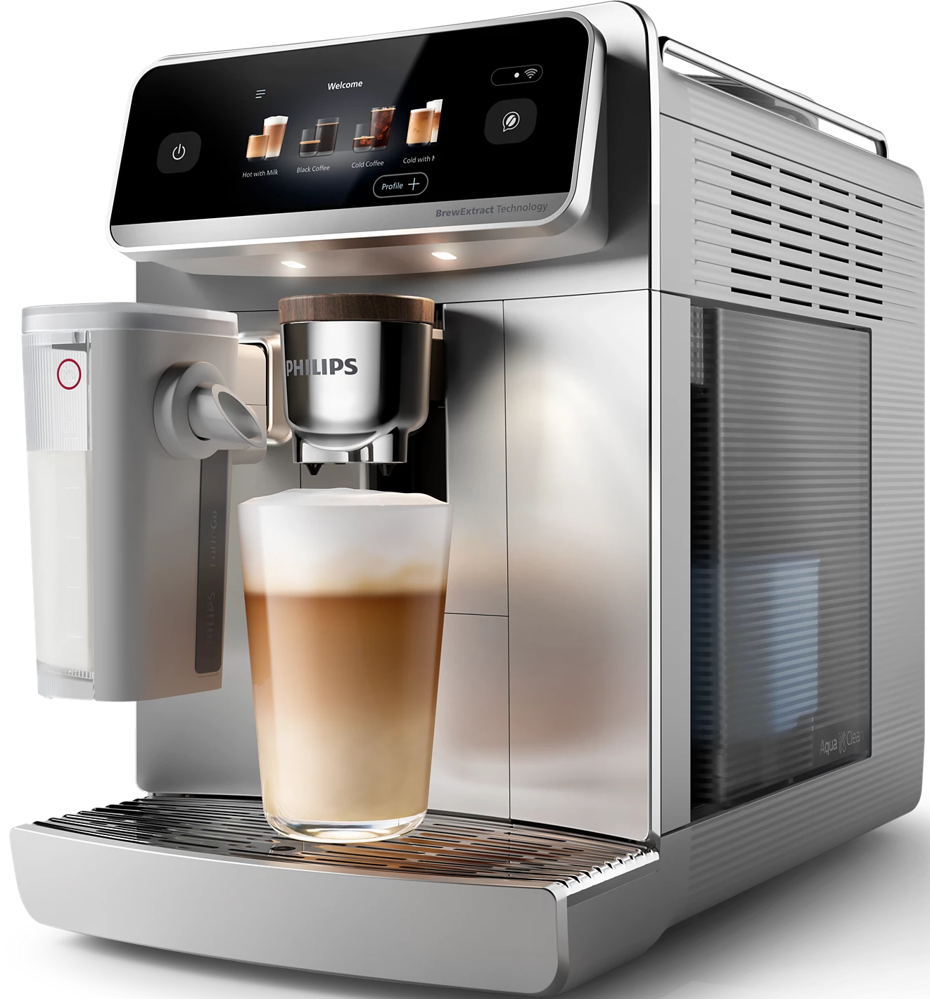 Eine silberne Philips Kaffeemaschine, die einen Latte zubereitet. Ein Glas mit Latte steht davor, Milchbehälter links, Display oben.