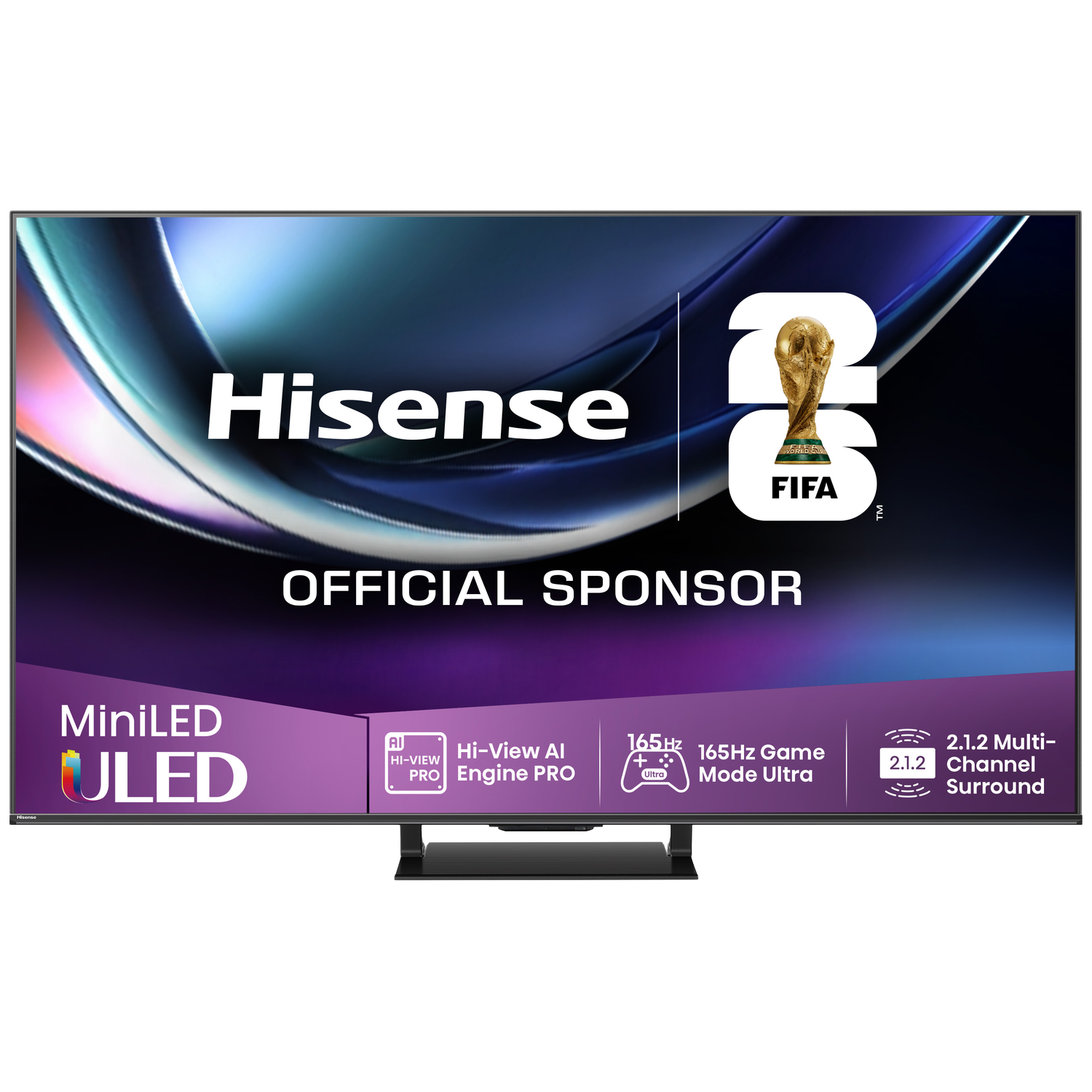 Hisense MiniLED ULED TV met FIFA WK-logo, 165Hz en surround sound.