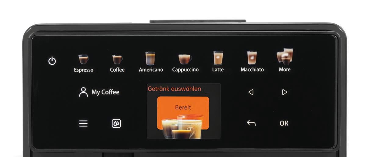 Kaffeemaschinenbildschirm mit Getränkeoptionen: Espresso, Kaffee, Americano, Cappuccino, Latte, Macchiato und mehr.