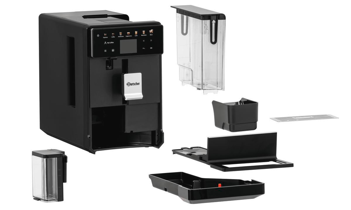 Schwarze Kaffeemaschine mit abgenommenen Teilen: Wassertank, Ablage und Abfallbehälter. Markenname sichtbar.