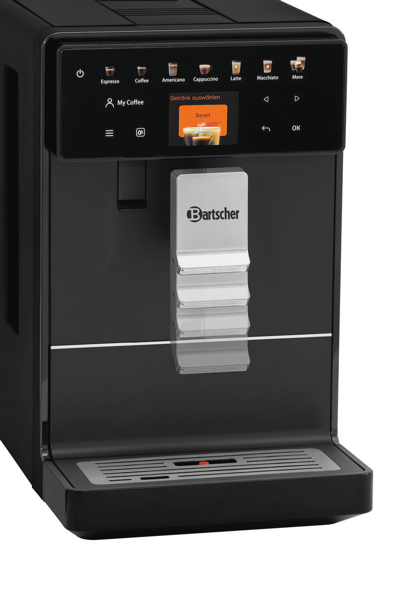 Eine schwarze Kaffeemaschine mit einem Bildschirm, der Getränkeoptionen anzeigt. Die Marke 'Bartscher' ist sichtbar. Zu den Knöpfen gehören 'Espresso' und 'My Coffee'.