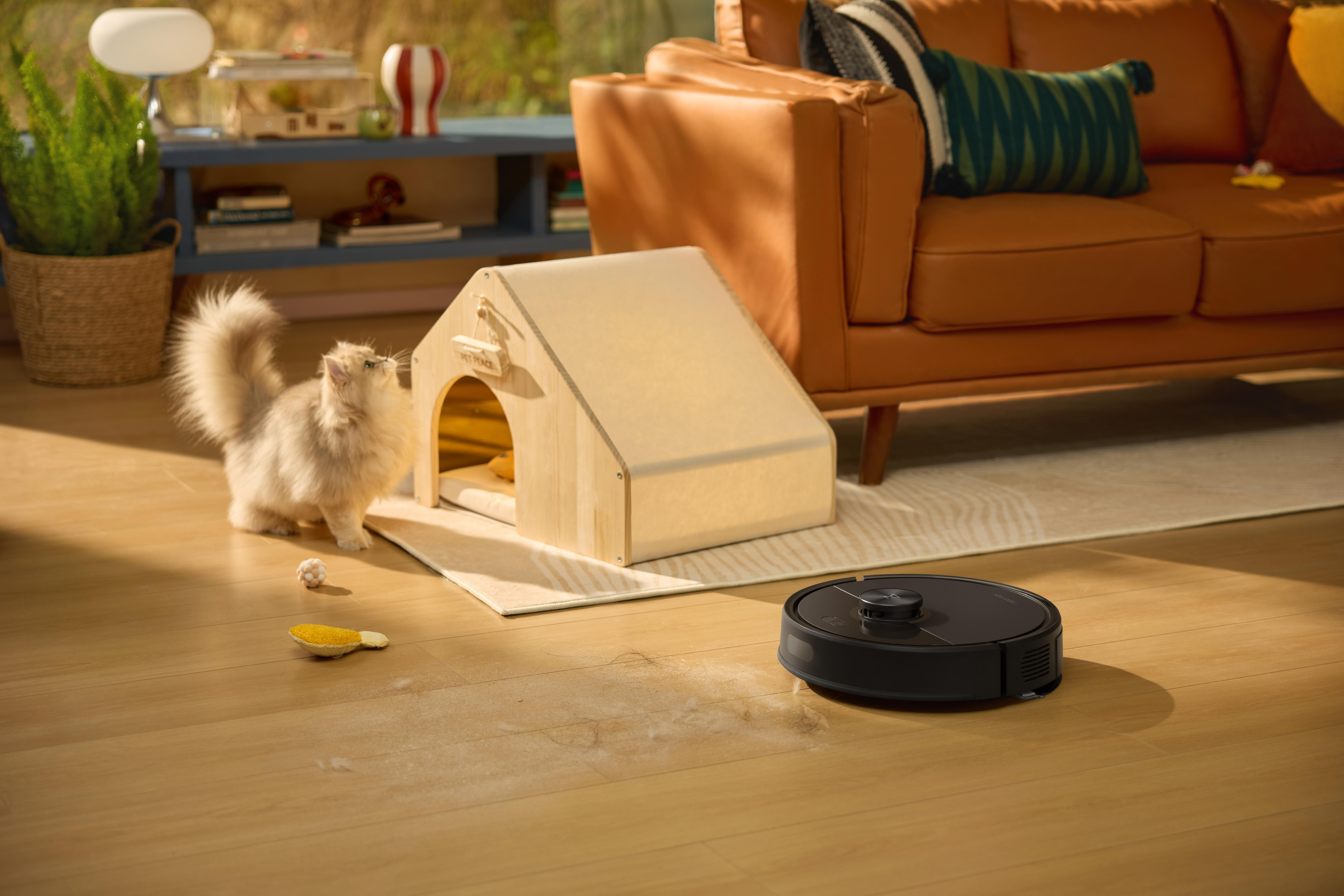 Eine Katze betrachtet ein hölzernes Haustierhaus. Ein Roboterstaubsauger und Spielzeug liegen auf dem Holzboden.