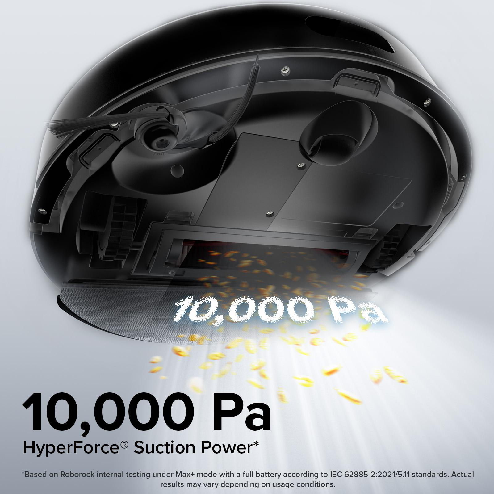 Schwarzer Roboter-Staubsauger, Unterseite sichtbar. Text: '10.000 Pa HyperForce Saugkraft'.
