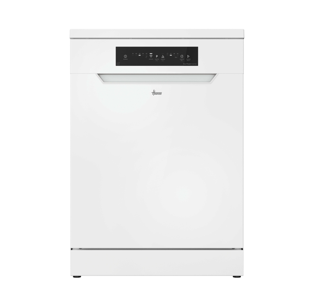 Üstte kontrol paneli olan beyaz bir bulaşık makinesi. Hoover logosu önde görünür. Siyah bir arka plan üzerinde.
