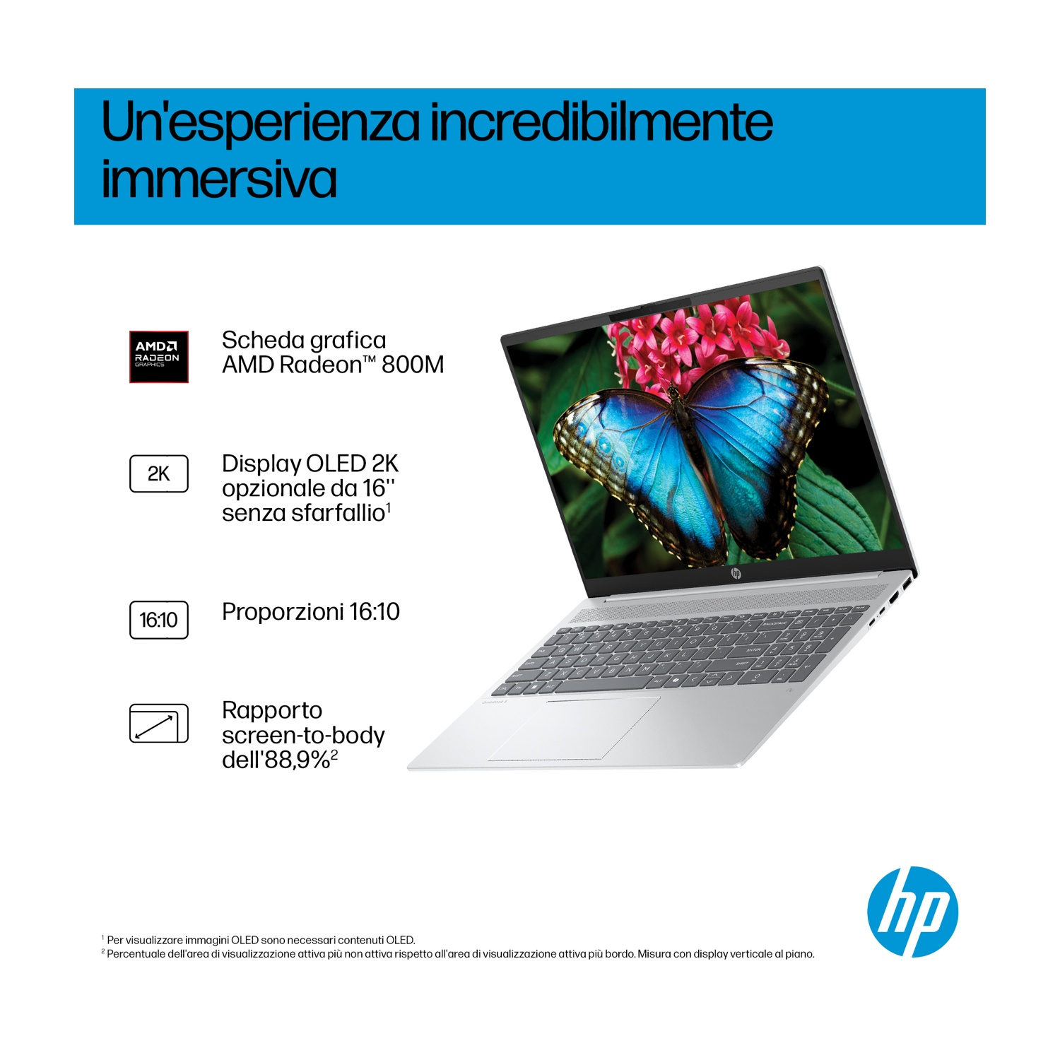 Uno schermo di laptop mostra una farfalla e fiori. Il testo include 'incredibilmente immersivo' e specifiche come 'AMD Radeon' e 'OLED 2K'.