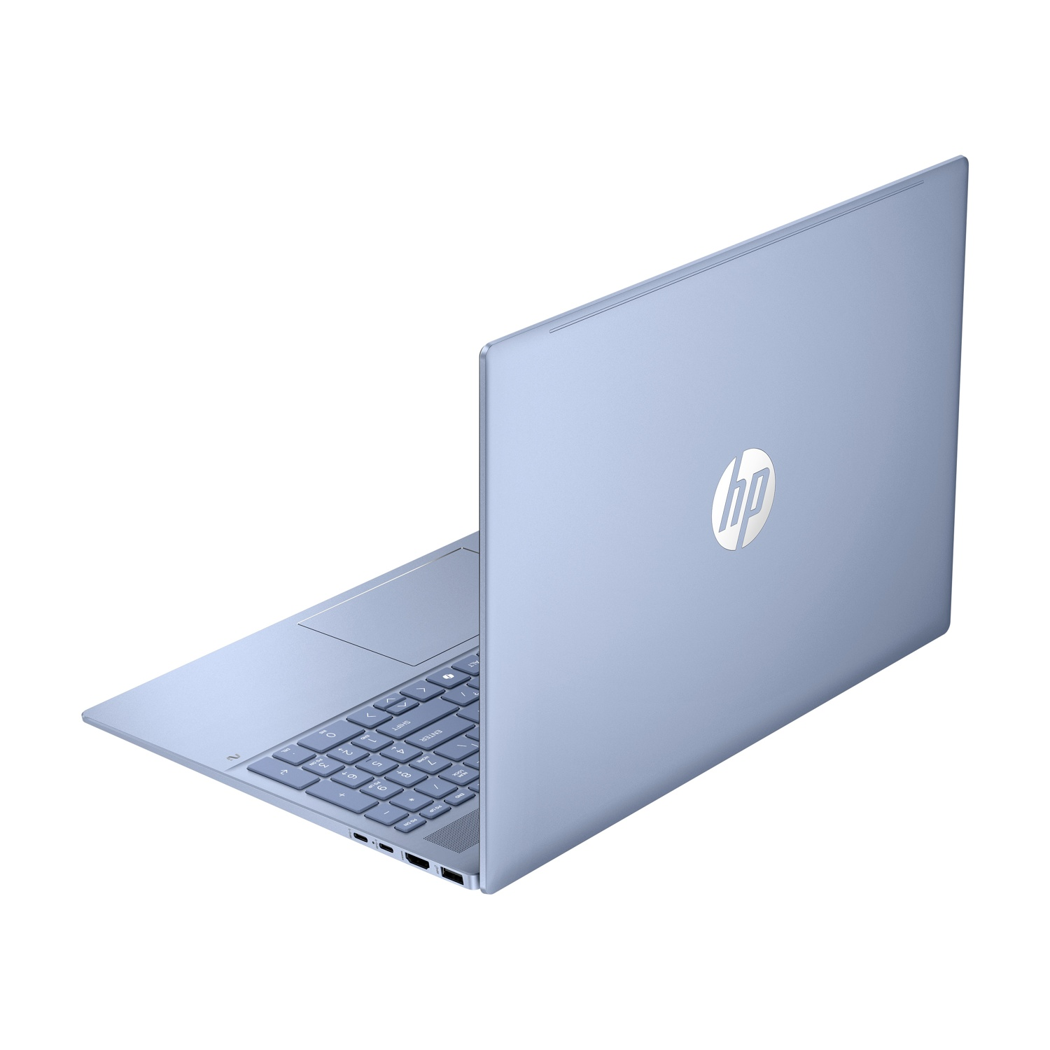 Un laptop HP azzurro chiaro è aperto. La tastiera è visibile. Il logo HP è sul coperchio. Lo sfondo è bianco.