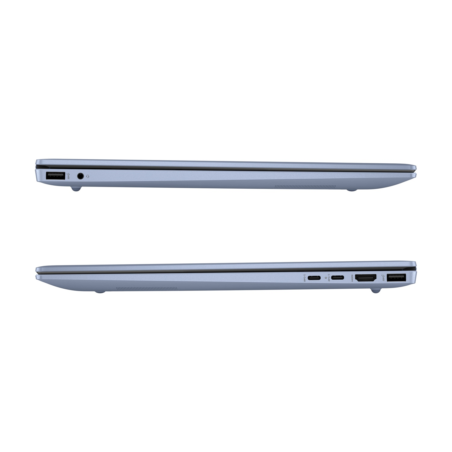 Due laptop azzurri sono mostrati affiancati. Quello superiore mostra porte come USB e jack audio. Quello inferiore mostra più porte.