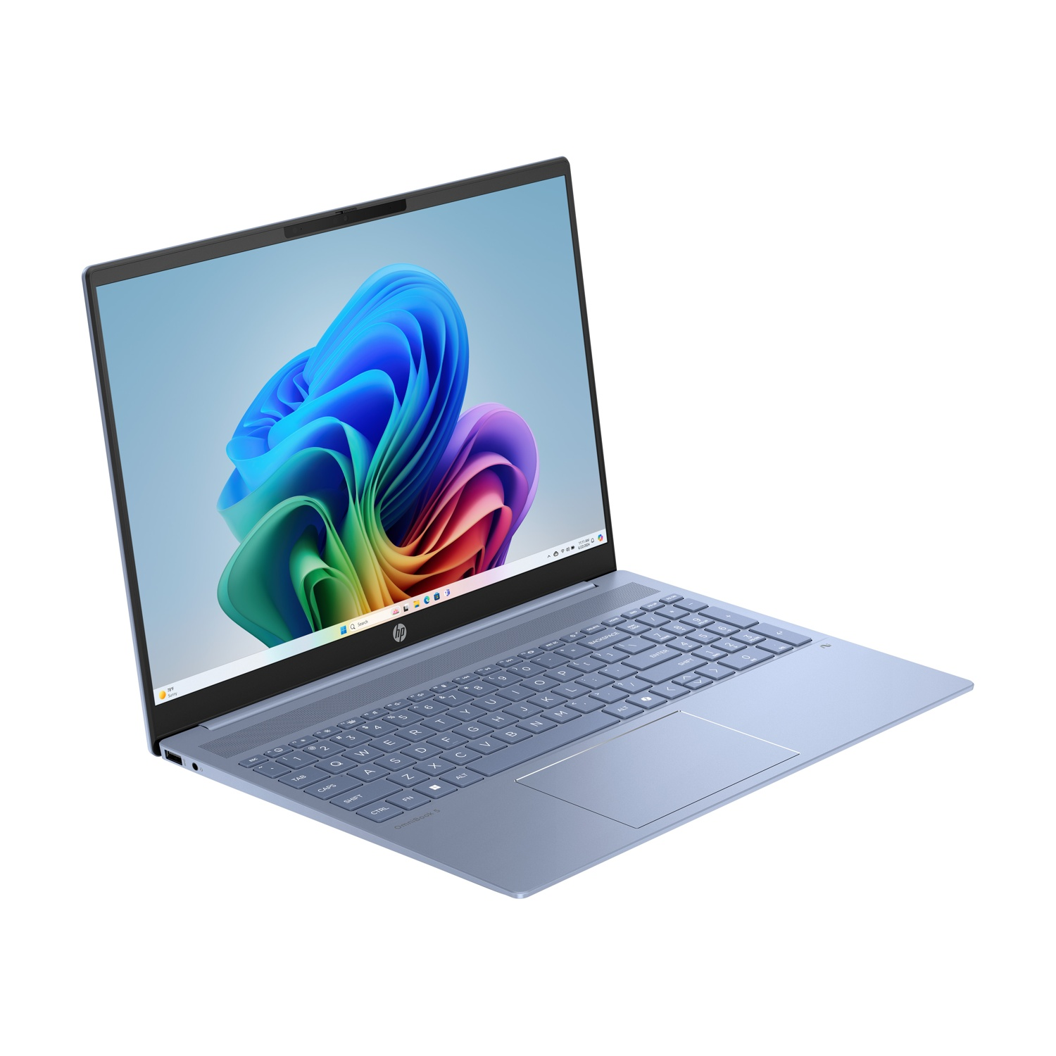 Un laptop azzurro chiaro su sfondo bianco. Lo schermo mostra un'immagine astratta colorata. La tastiera è visibile.