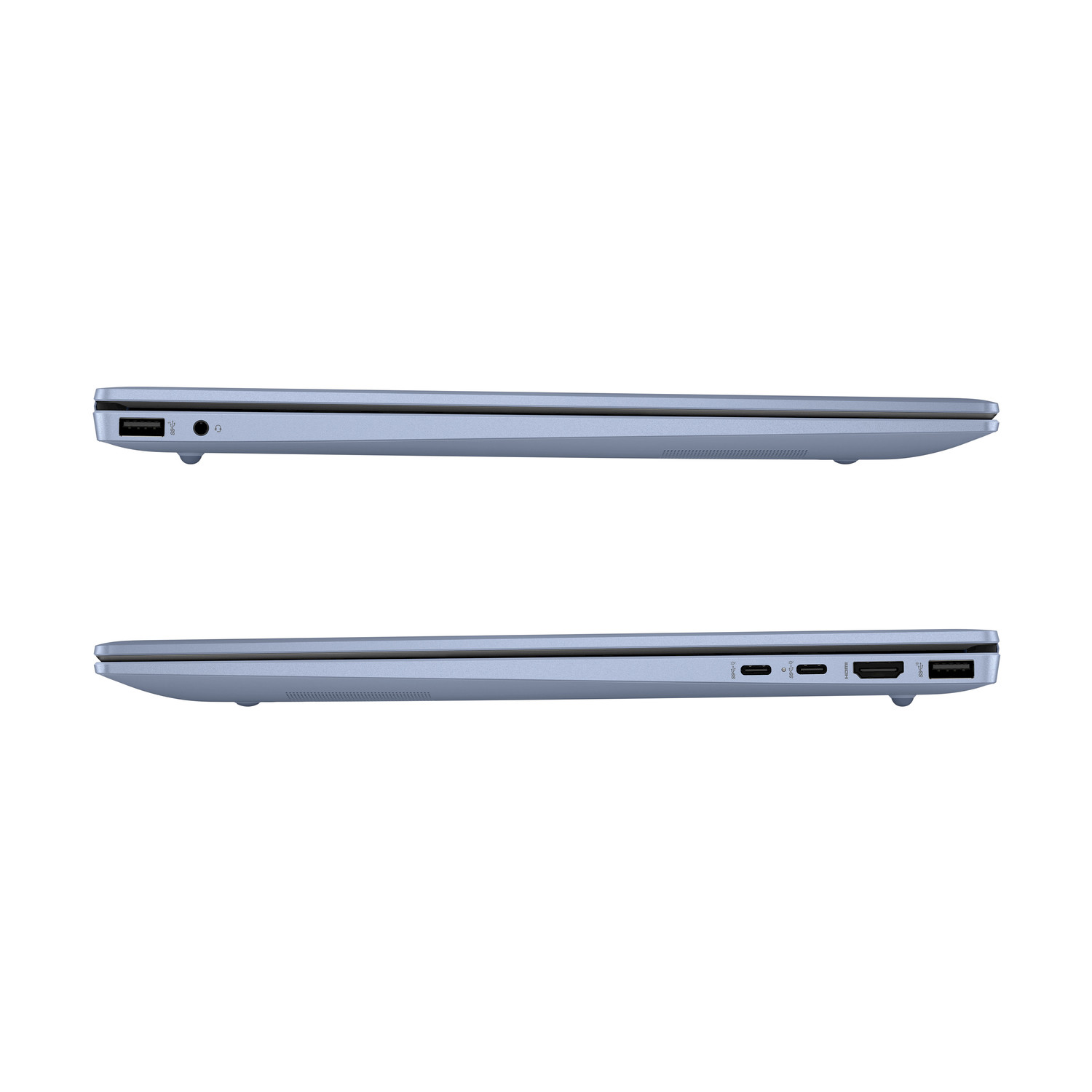 Due viste laterali di un laptop azzurro, una sopra l'altra, che mostrano le porte sui lati su sfondo bianco.
