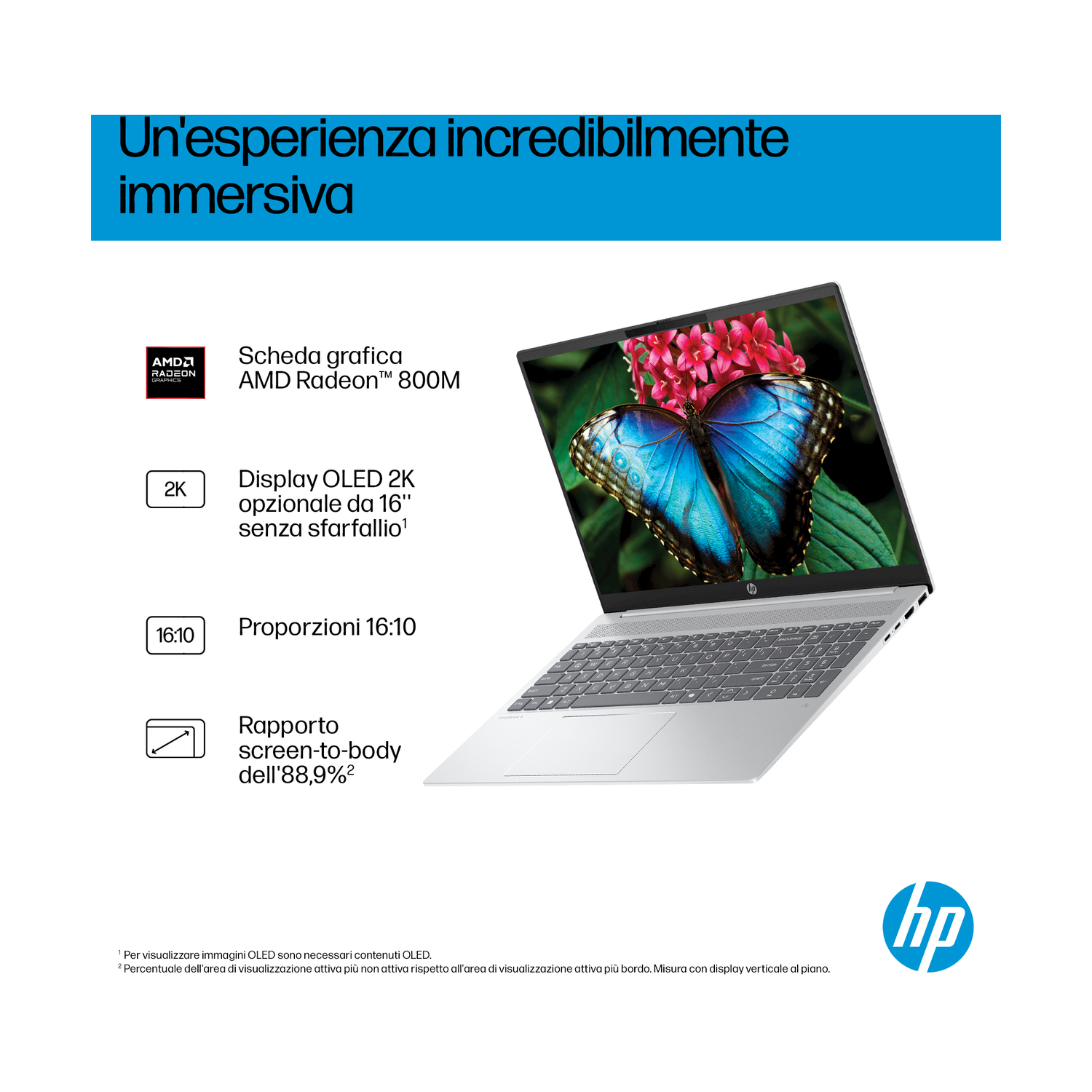 Un laptop HP argentato mostra una farfalla. Il testo include: AMD Radeon, display 2K, rapporto 16:10 e rapporto schermo-corpo.
