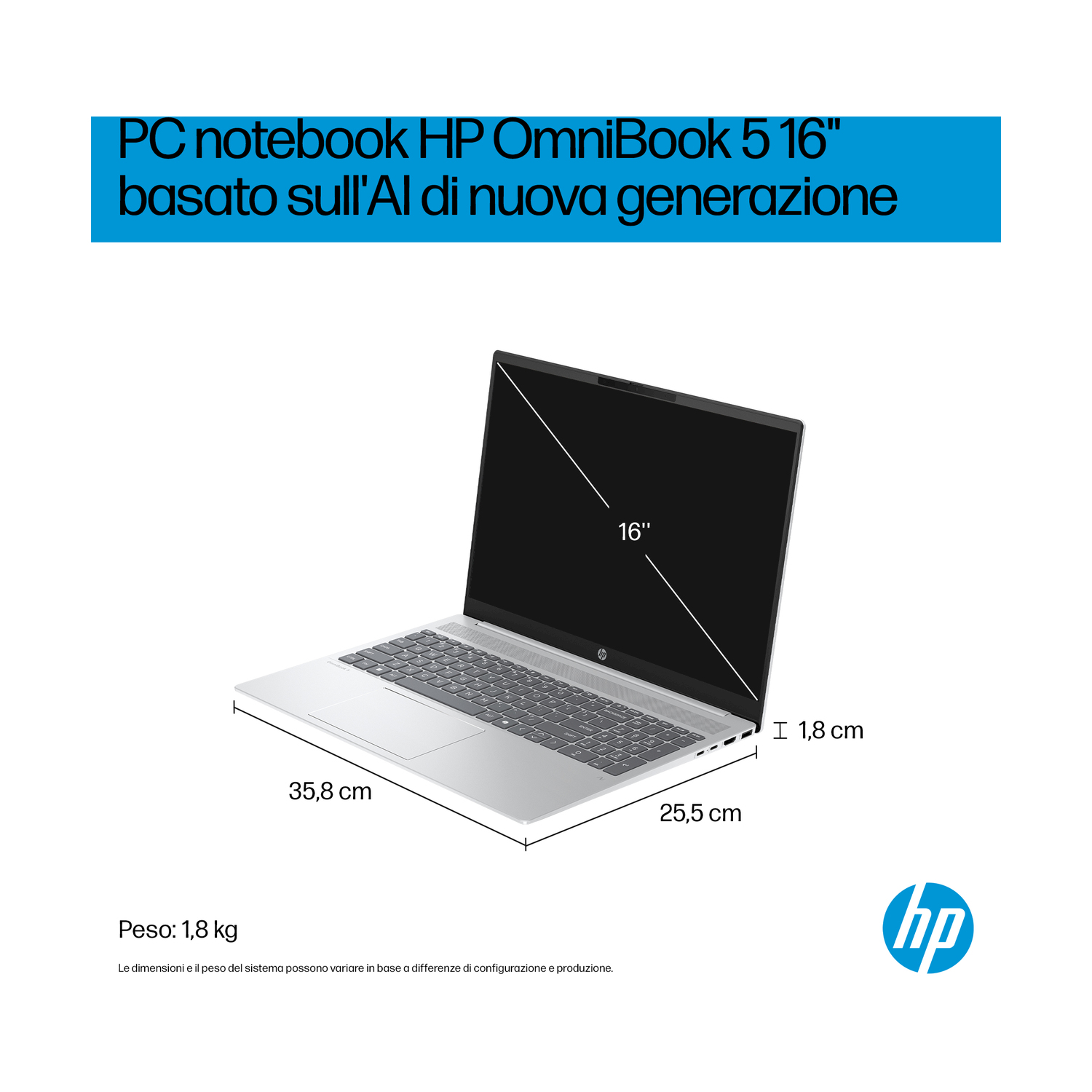 Laptop HP OmniBook argento con schermo nero, dimensioni e peso visualizzati. Il logo HP è in basso a destra.