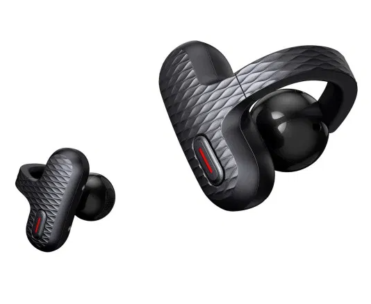 Dwa czarne bezprzewodowe wkładki douszne na białym tle. Jeden jest większy z haczykiem na ucho; drugi to mniejsza wkładka douszna.