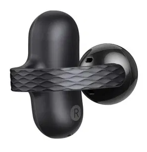 Czarny pączek z teksturowanym paskiem, oznaczenie 'R'. Przylegające czarne etui ładujące, błyszczące wykończenie, białe tło.