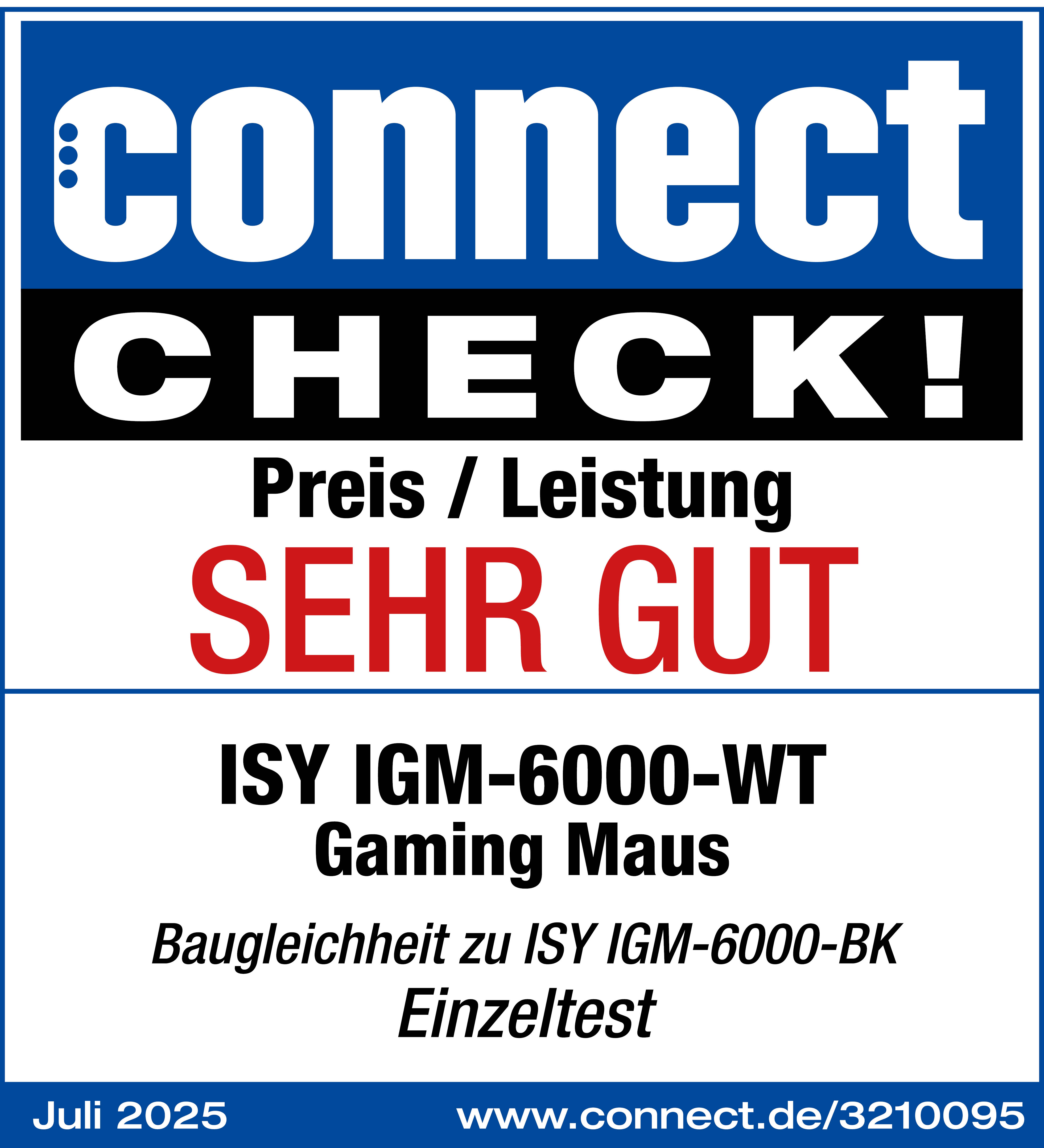Ein Poster mit dem Wort 'connect' in Weiß auf Blau. 'CHECK!' steht darunter. Der Text enthält 'SEHR GUT' und 'Gaming Maus'.