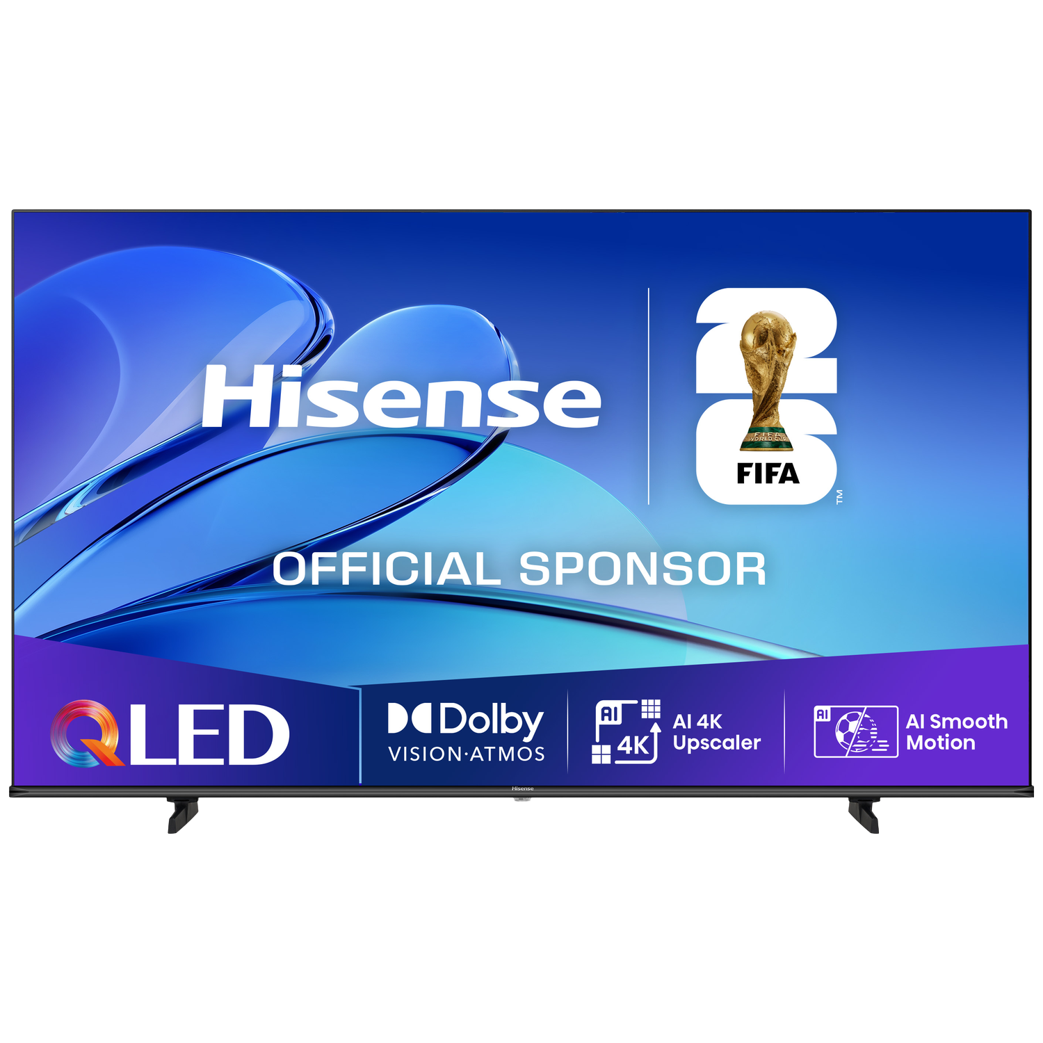 Hisense QLED TV featuring FIFA logo, Dolby Vision, AI 4K Upscaler, AI Smooth Motion.