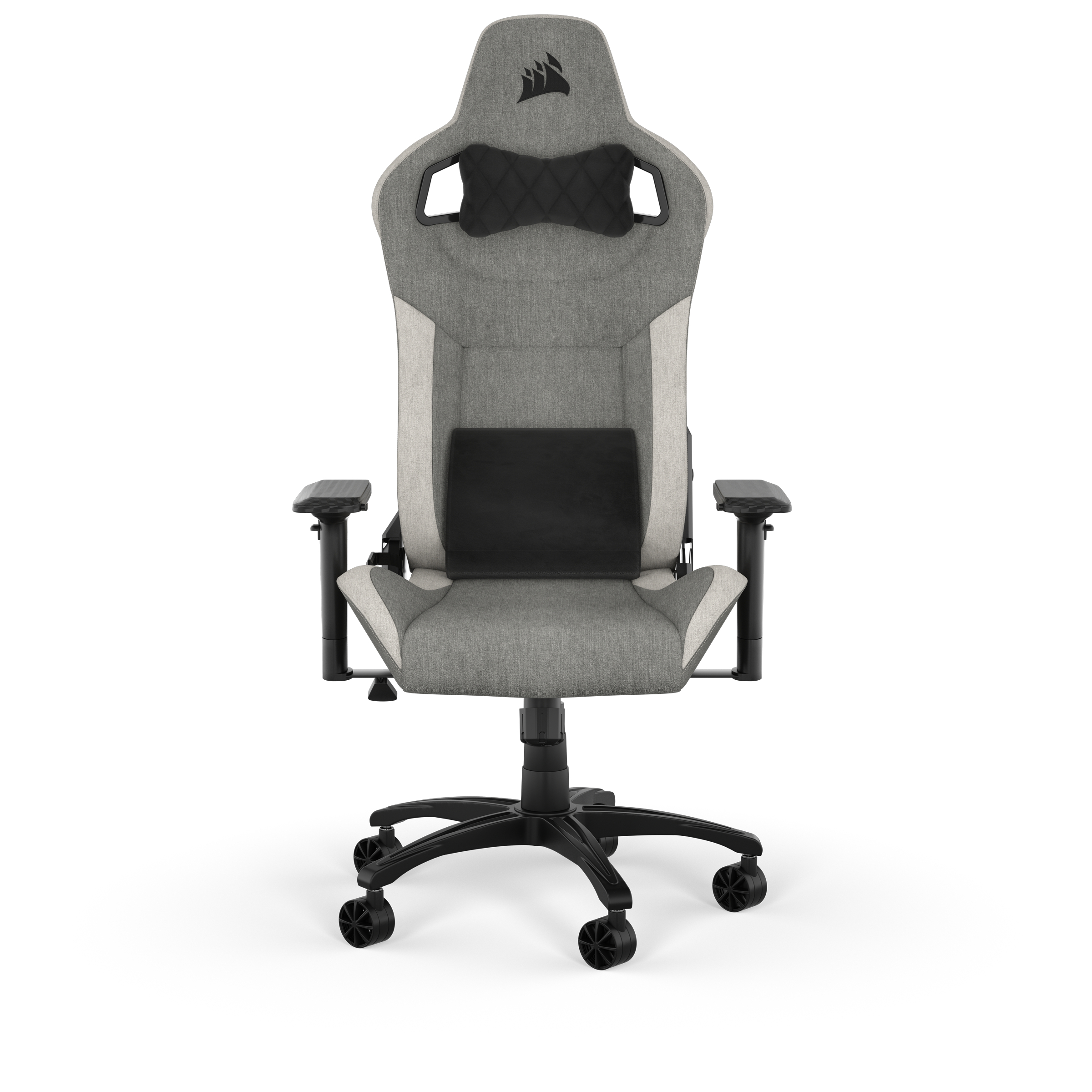 Ein grau-schwarzer Gaming-Stuhl ist zentriert. Er hat eine Kopfstütze, Rückenlehne, Armlehnen und eine schwarze Basis mit Rädern.