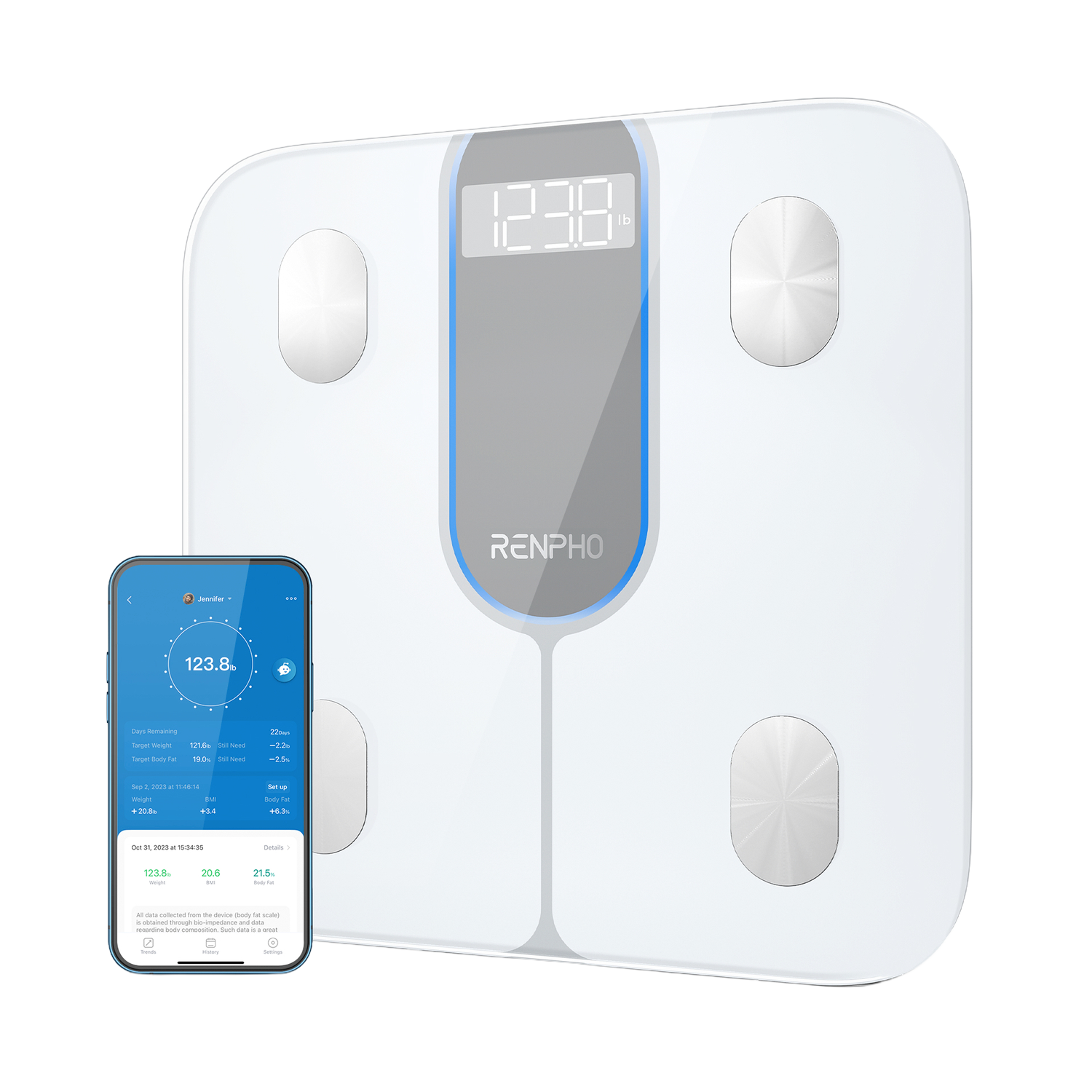 Bilancia pesapersone Renpho Elis 1C, in vetro temperato, con bluetooth, app, 13 parametri di analisi corporea, modalità atleta e bambino Bilancia