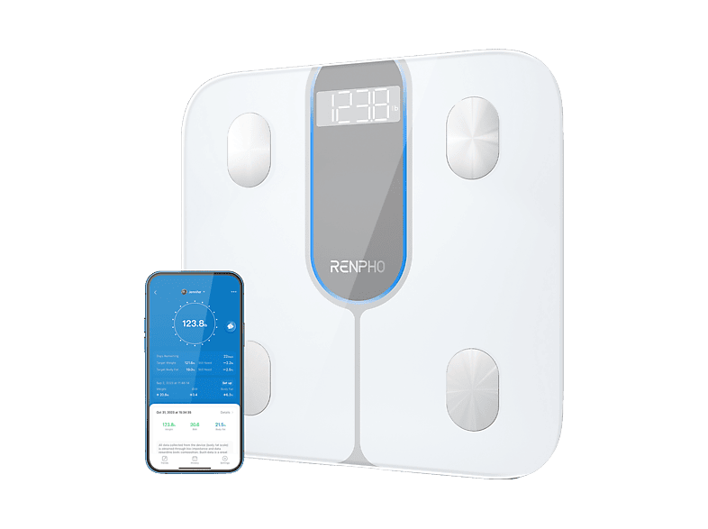 Bilancia pesapersone RENPHO ELIS 1C, in vetro temperato, con bluetooth, app, 13 parametri di analisi corporea, modalità atleta e bambino