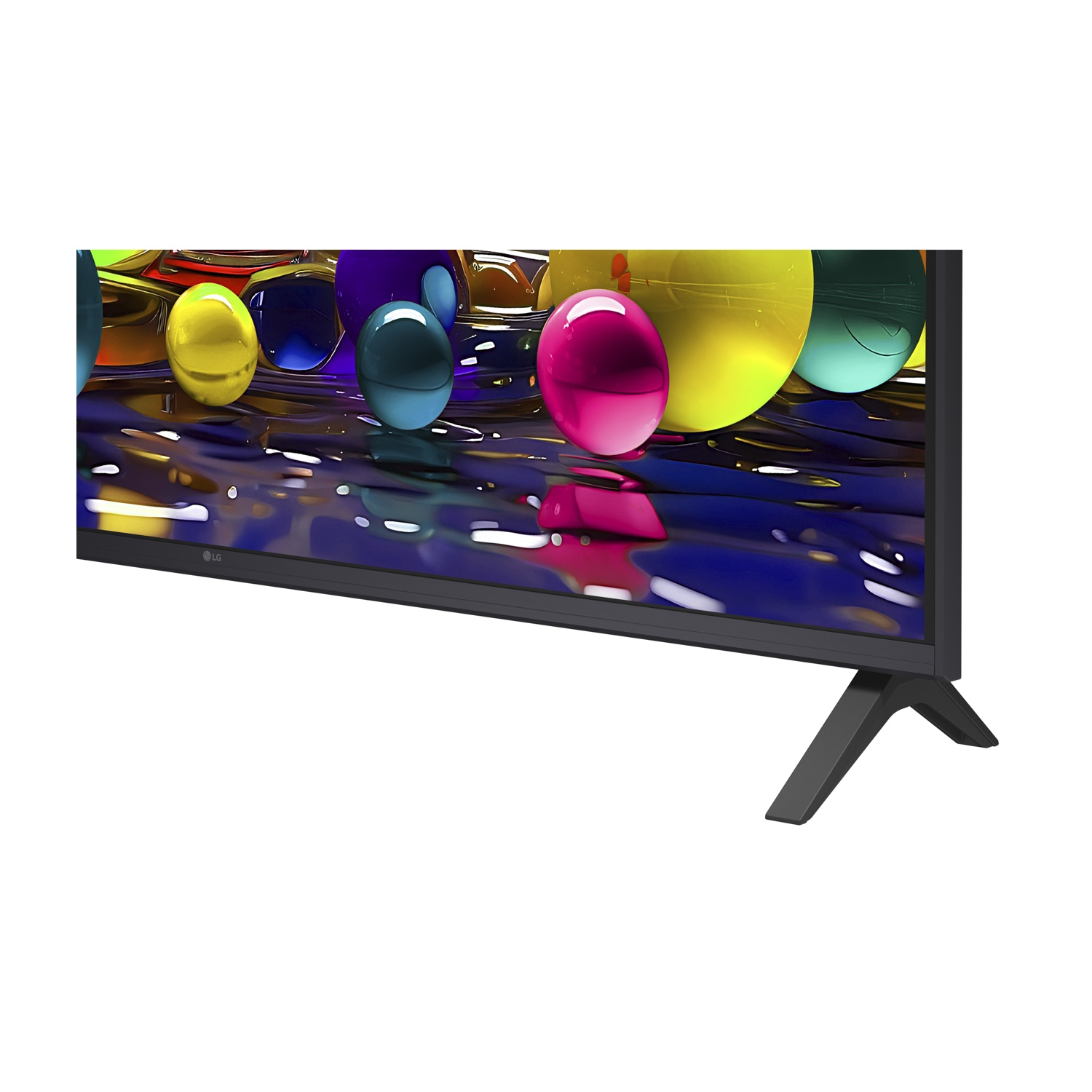 Un televisore mostra globi colorati sullo schermo. Il televisore è nero con un supporto, su sfondo bianco.