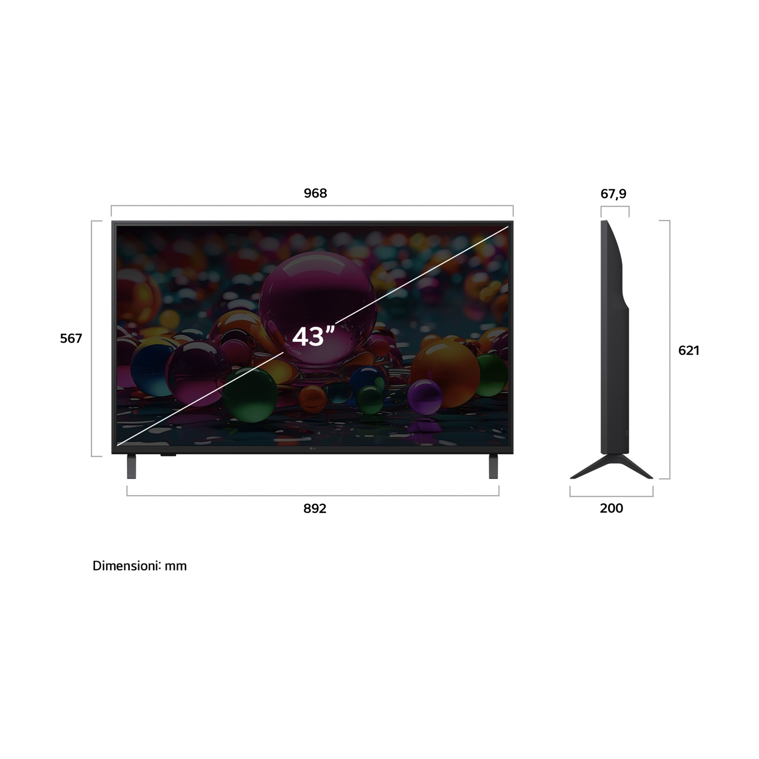 Una TV da 43 pollici mostra sfere colorate. Dimensioni: 968x567mm. Vista laterale mostra spessore (67,9mm) e supporto.