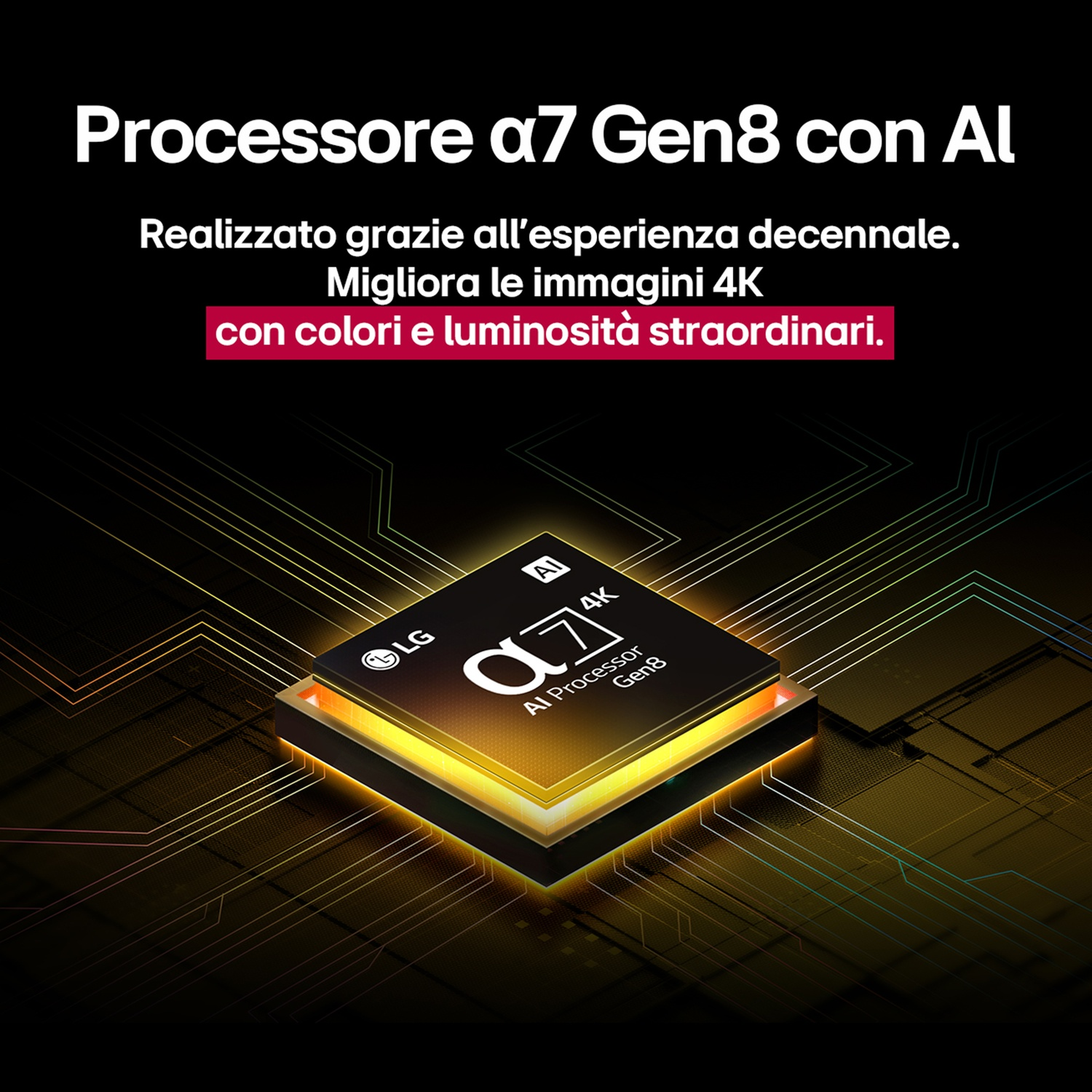 L'immagine mostra il processore a7 Gen8 con AI. Il testo evidenzia immagini 4K migliorate con colori e luminosità straordinari.