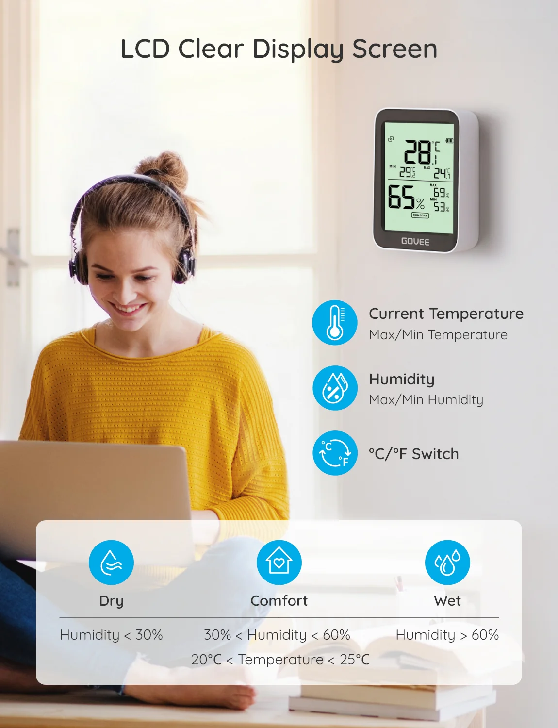 Egy nő fejhallgatót visel és laptopot használ. A hőmérséklet- és páratartalom-érzékelő leolvasásokat jelenít meg. Az ikonok a száraz, kényelmes és nedves szinteket jelzik.
