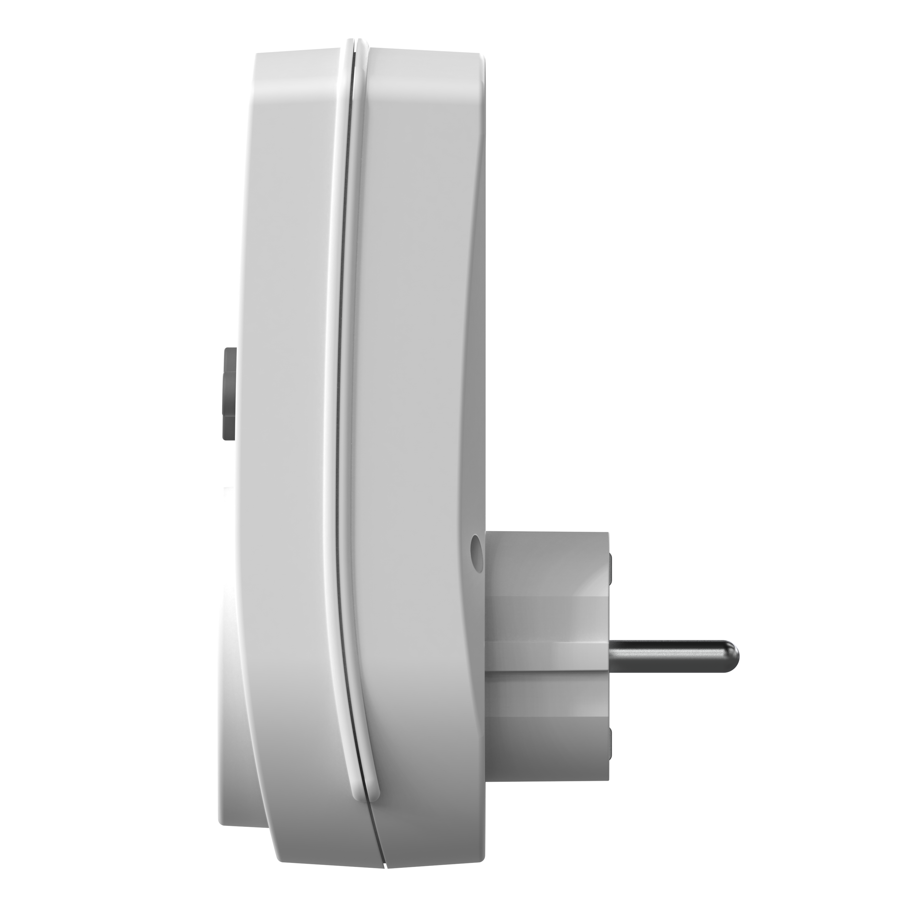 Seitenansicht eines weißen Elektro-Adapters mit Stecker. Der Hintergrund ist schwarz.
