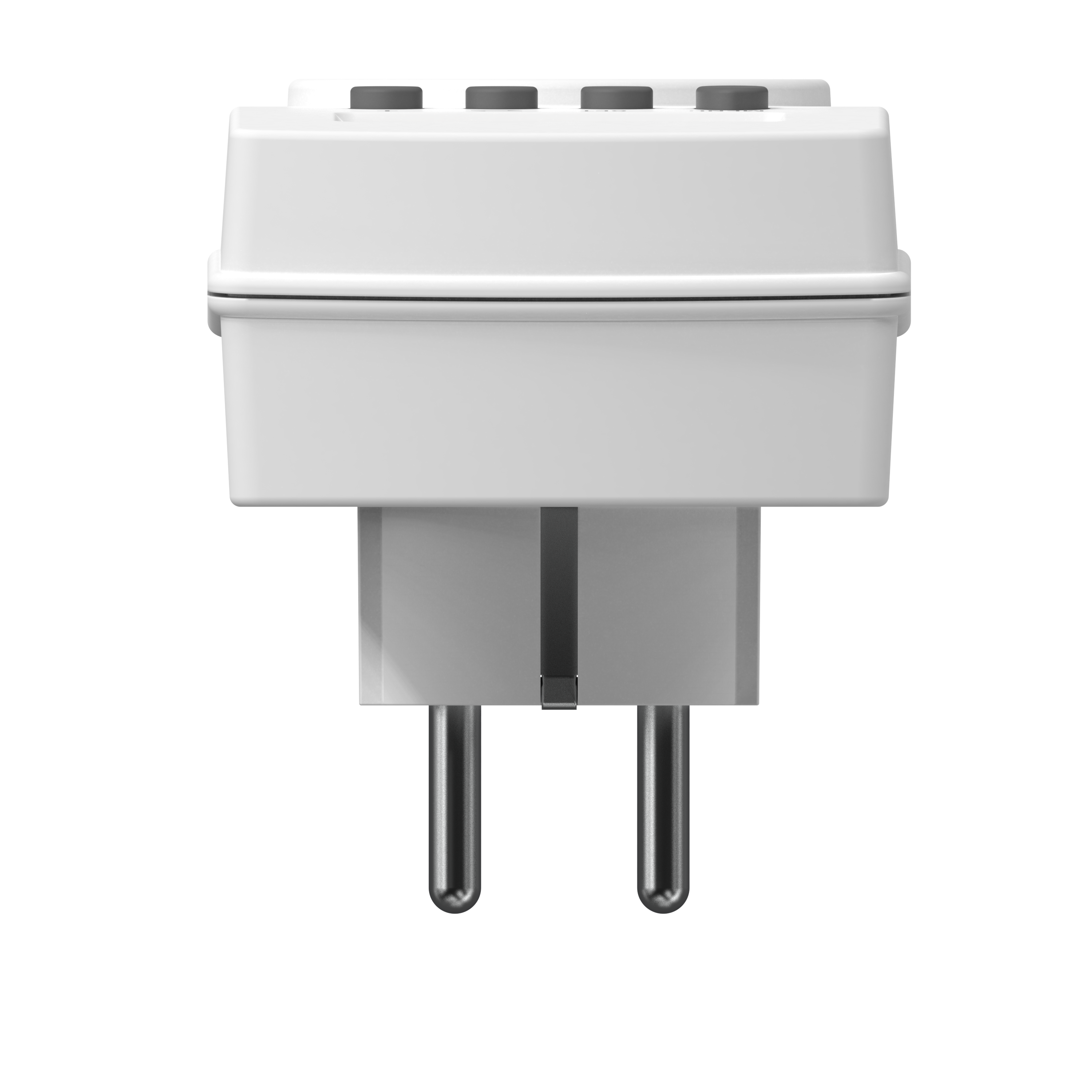 Ein weißer europäischer Netzadapter auf schwarzem Hintergrund. Er hat zwei Metallstifte und drei obere Steckplätze.