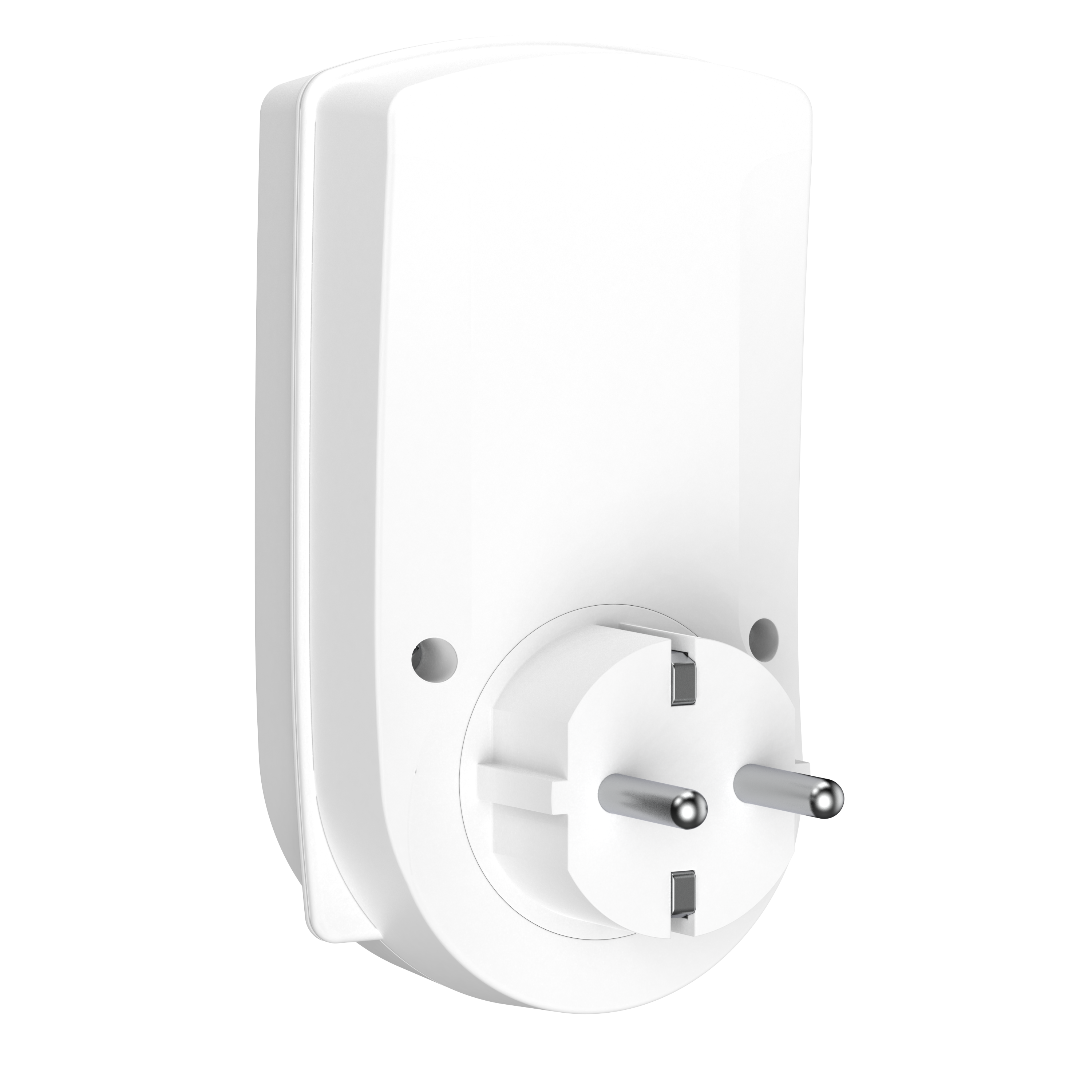 Ein weißer europäischer Steckeradapter. Der Stecker hat zwei Stifte und ein Erdungsloch. Der Hintergrund ist schwarz.