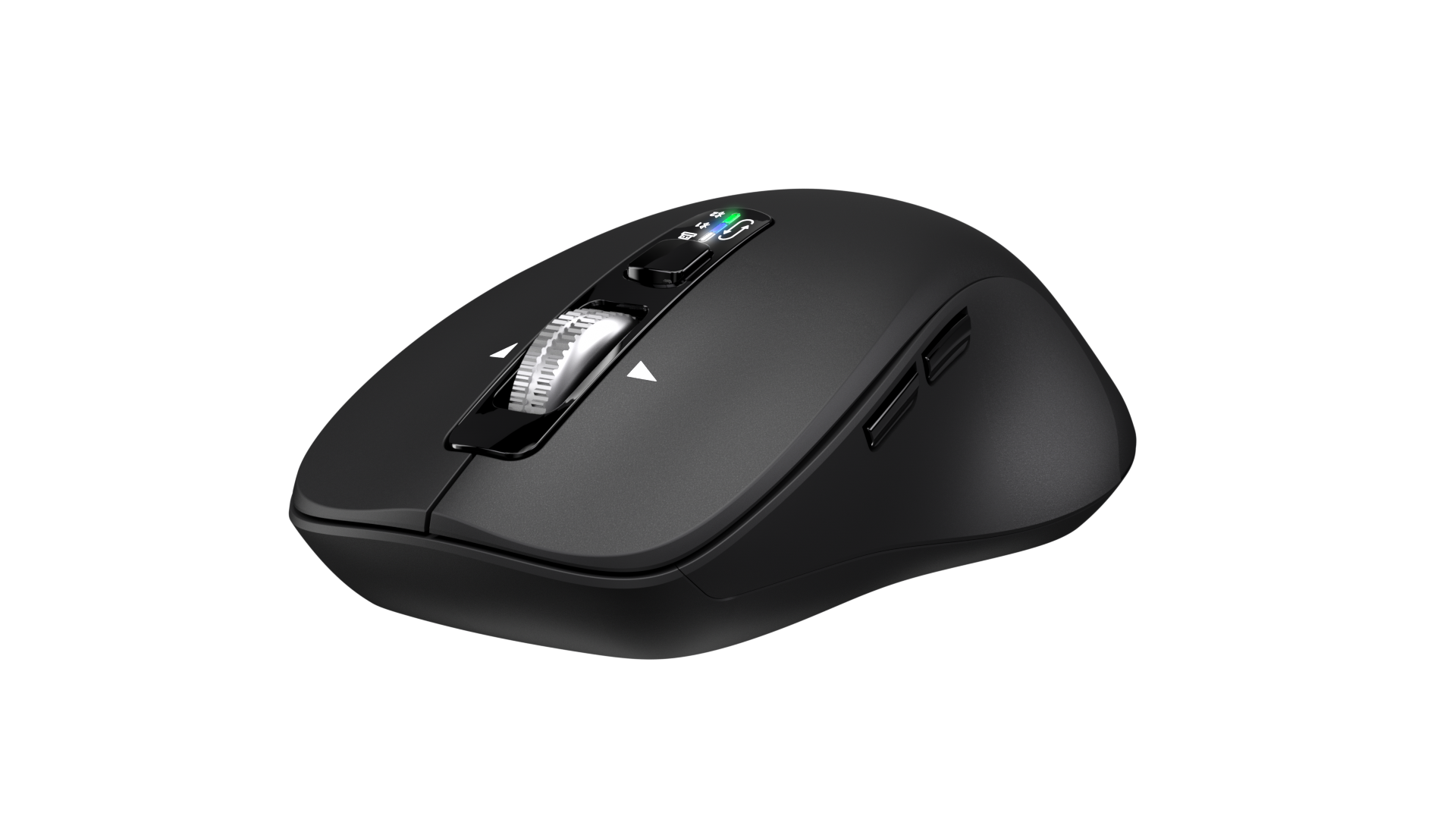 Eine schwarze kabellose Maus mit einem Scrollrad und Tasten auf schwarzem Hintergrund.