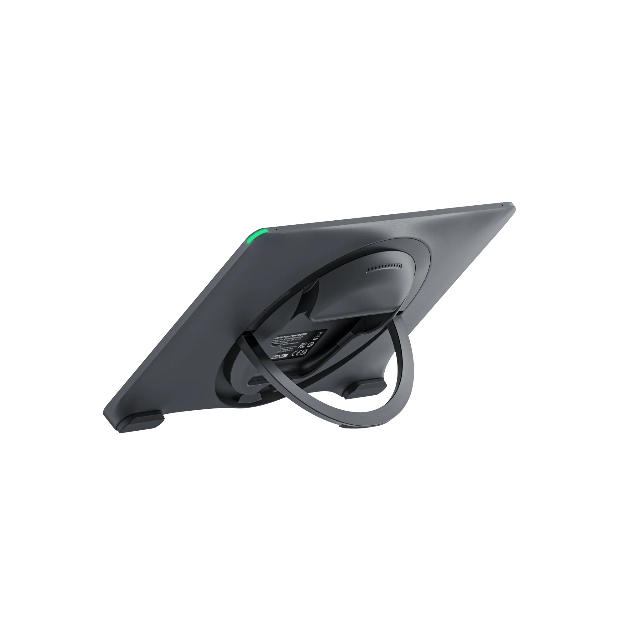 Graues Tablet mit Ständer vor schwarzem Hintergrund. Oben leuchtet ein grünes Licht.
