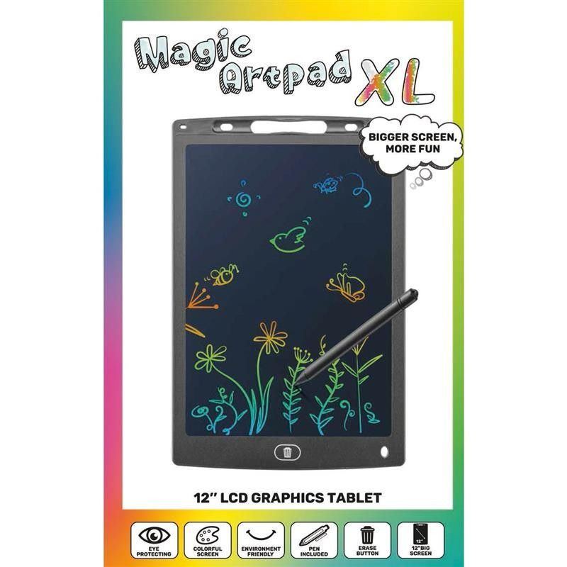 Ein 'Magic Artpad XL'-Tablet mit bunten Zeichnungen. Merkmale sind ein Stift, eine Löschtaste und ein 12-Zoll-Bildschirm. Text: 'größerer Bildschirm, mehr Spaß'.