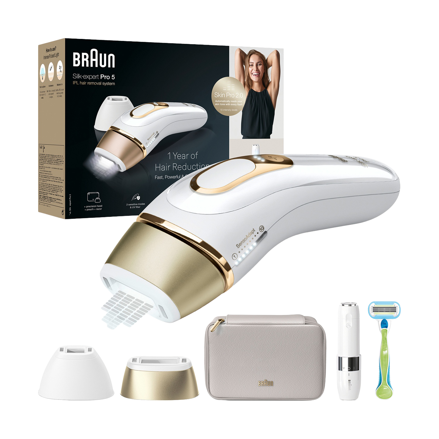 Un sistema di epilazione IPL Braun Silk-expert Pro 5 con accessori, tra cui un rasoio e un astuccio da viaggio, è esposto su sfondo bianco.