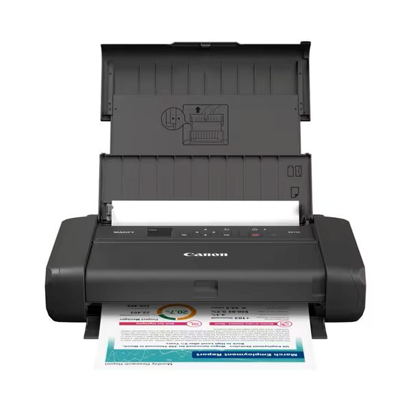 Ein schwarzer Canon MAXIFY-Drucker mit einem gedruckten Bericht. Die Oberseite ist geöffnet und zeigt die Innenteile, das Canon-Logo ist sichtbar.